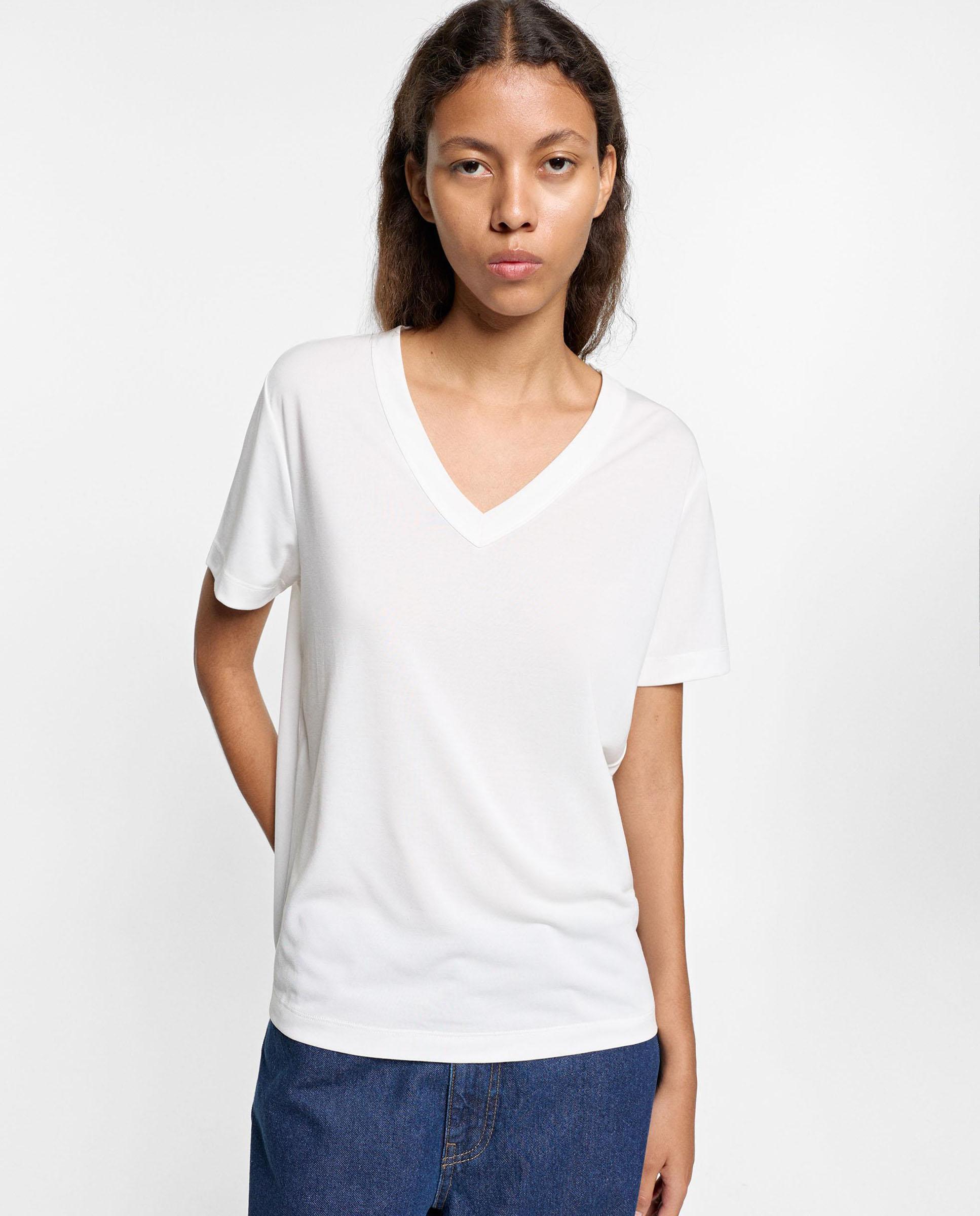 Camiseta de mujer de manga corta con cuello pico - Parfois - Blanco Blanco-1
