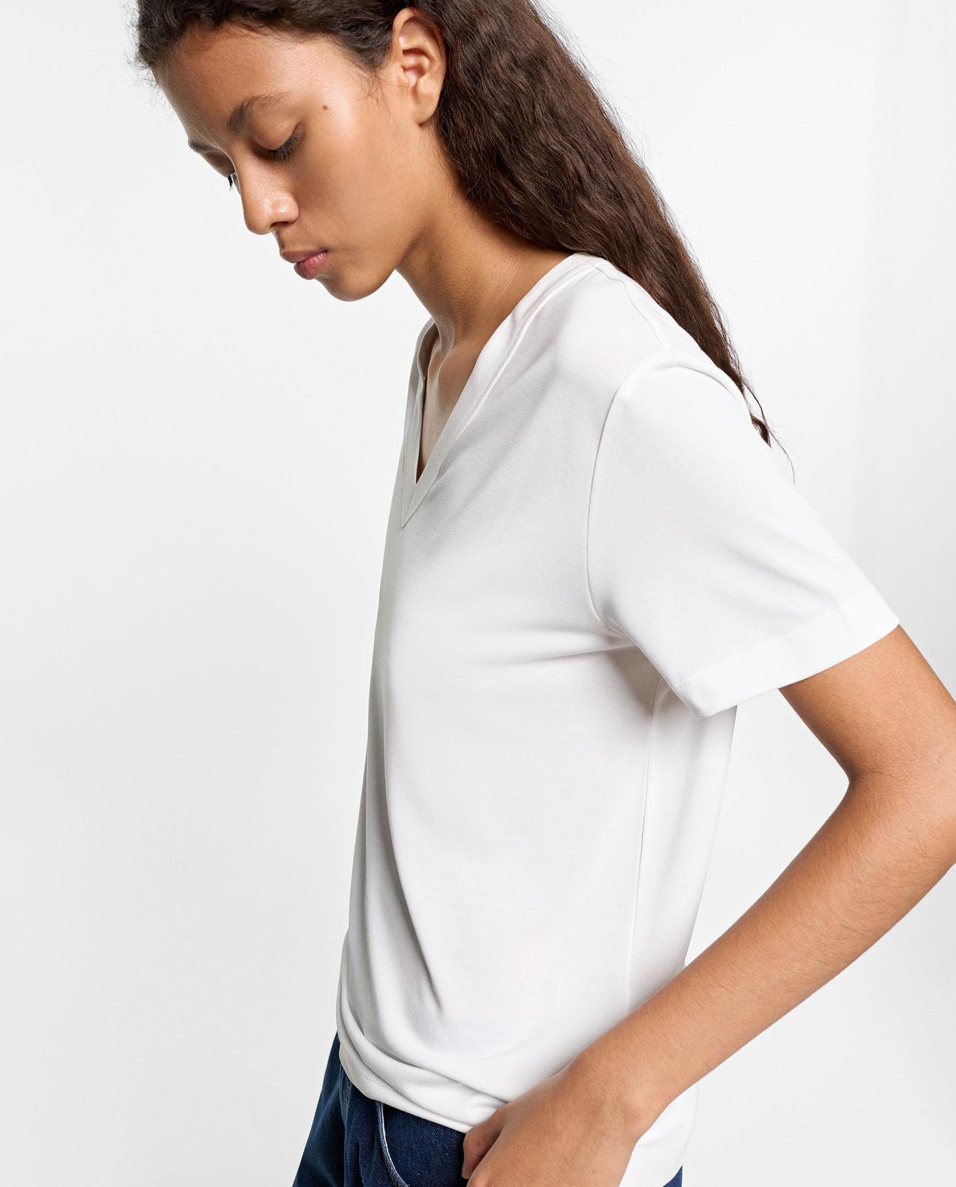 Camiseta de mujer de manga corta con cuello pico - Parfois - Blanco Blanco-3