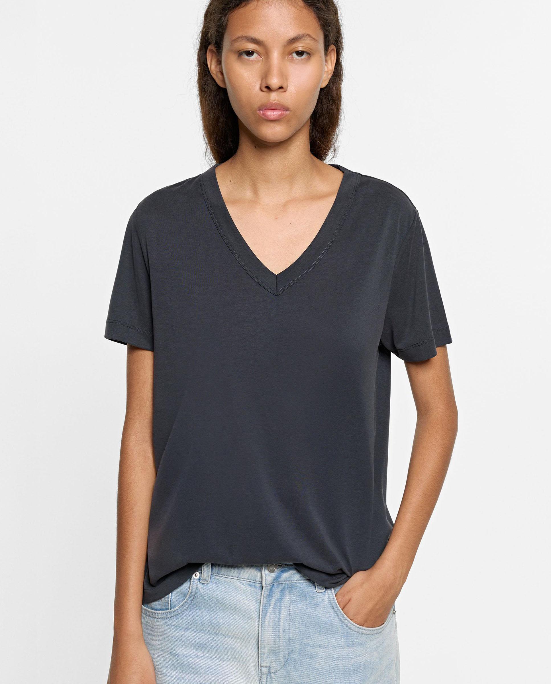 Camiseta de mujer de manga corta con cuello pico - Parfois - Gris Gris-1
