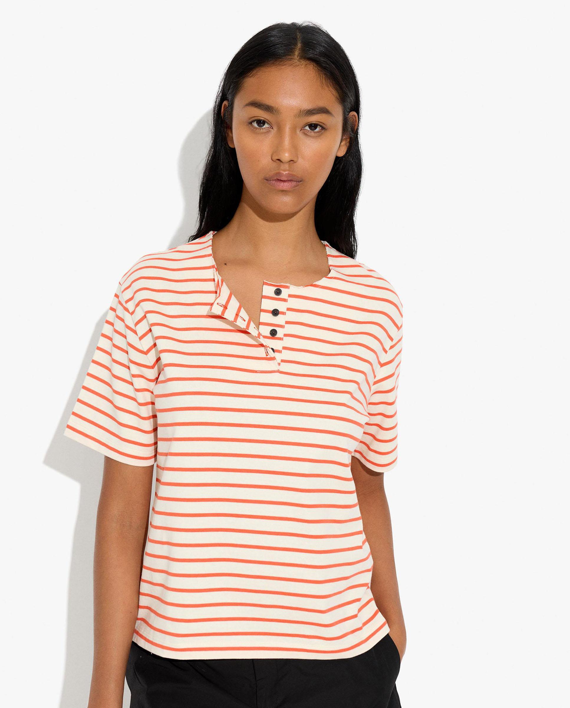 Camiseta de mujer 100% algodón de manga corta con estampado de rayas - Parfois - Naranja Naranja-1