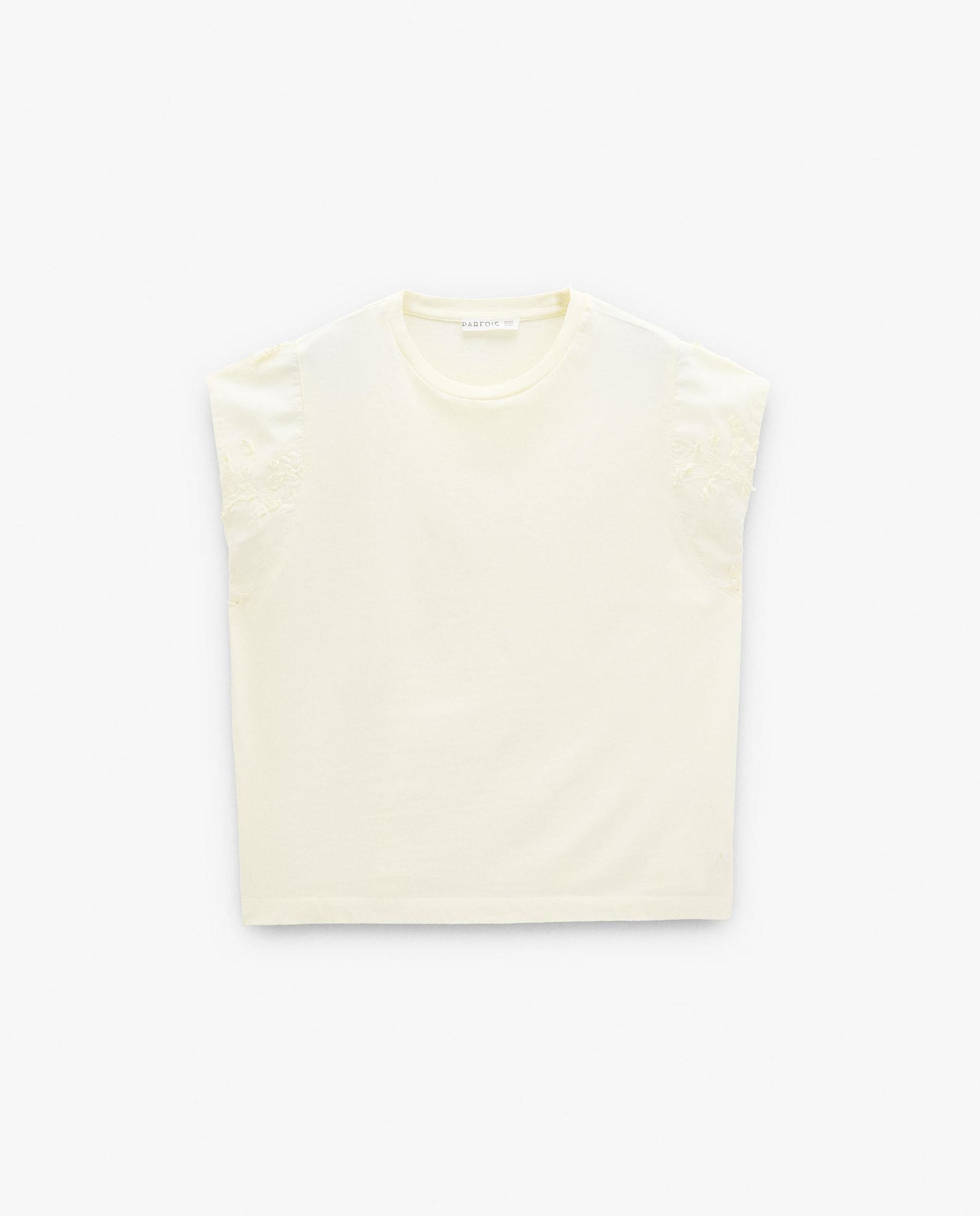 Camiseta de mujer 100% algodón con bordados en manga - Parfois - Crudo Crudo-6