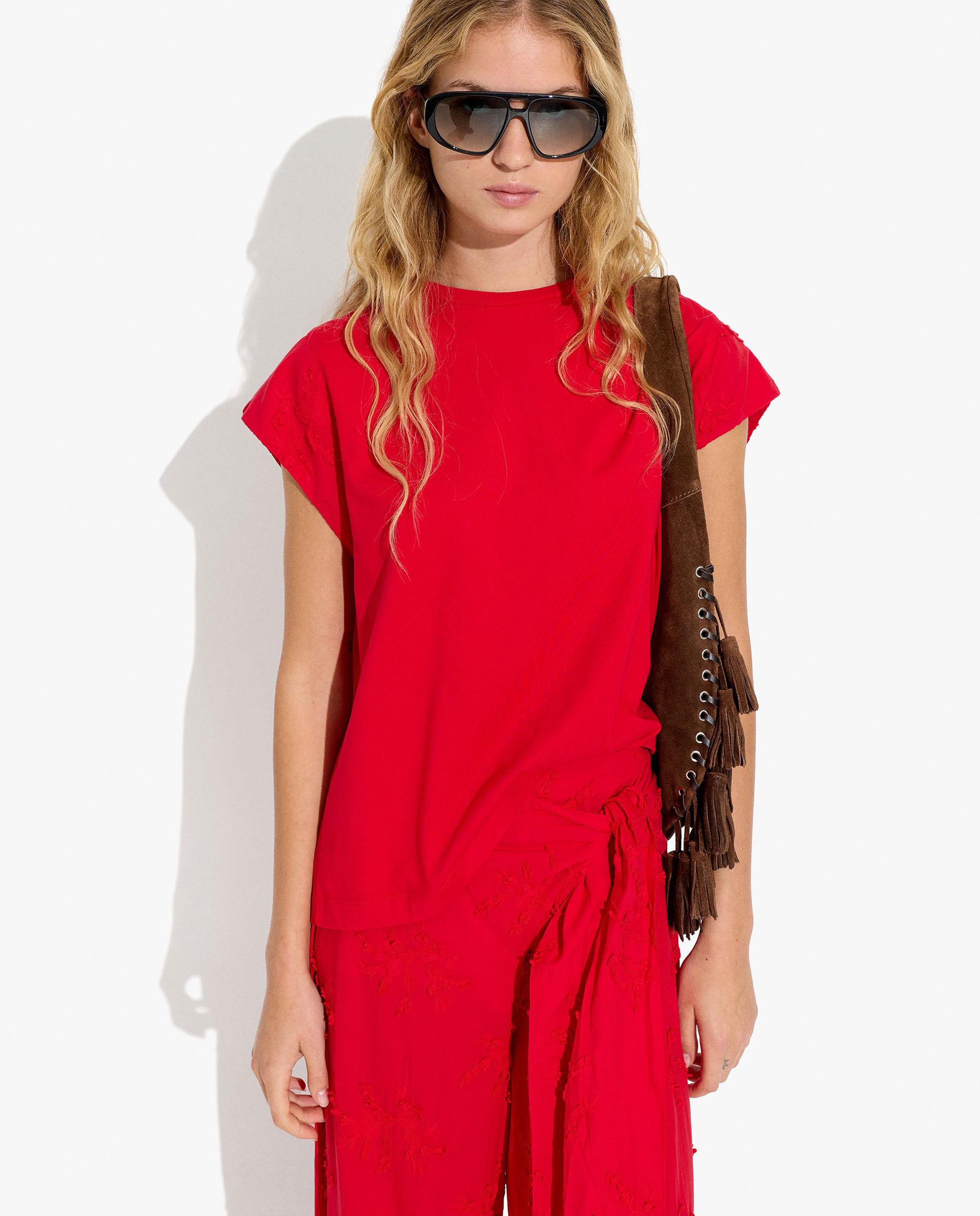 Camiseta de mujer 100% algodón de manga corta con detalles bordados - Parfois - Rojo Rojo-1