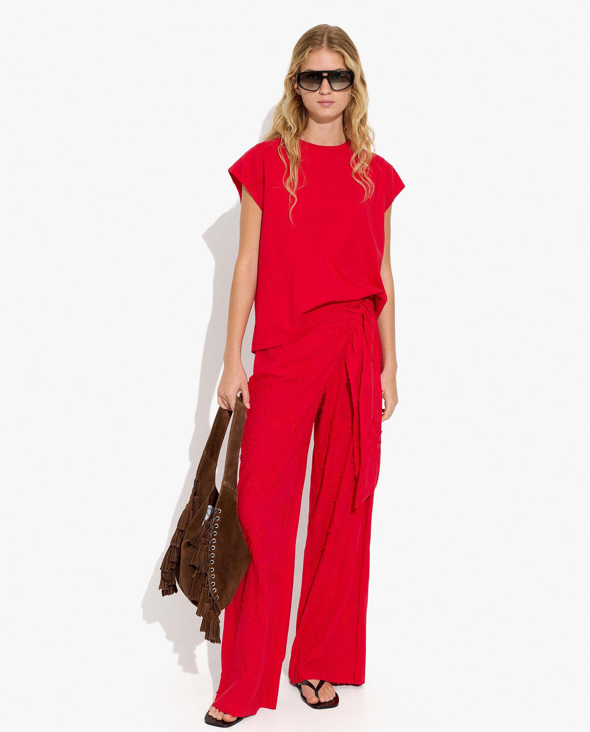Camiseta de mujer 100% algodón de manga corta con detalles bordados - Parfois - Rojo Rojo-2