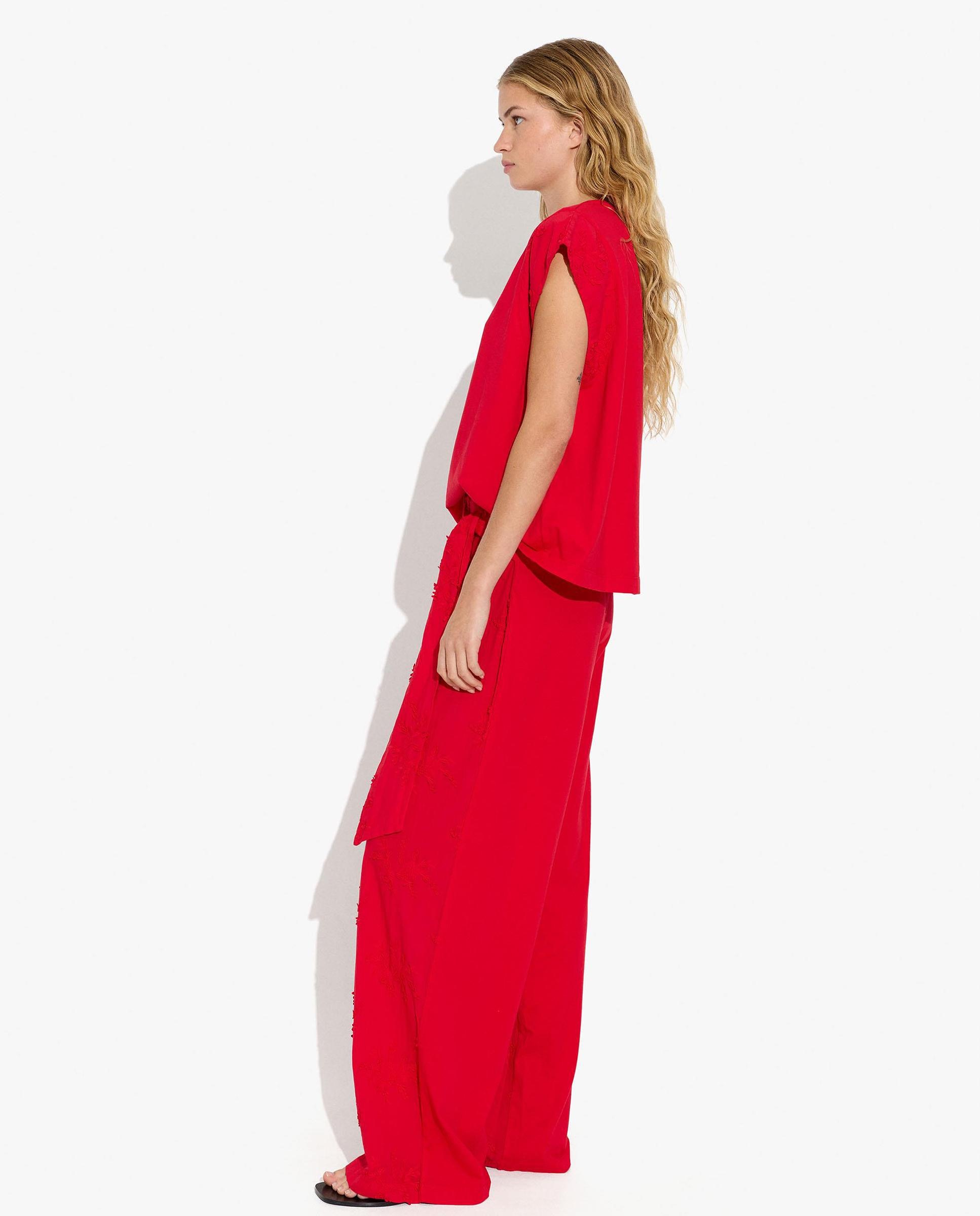 Camiseta de mujer 100% algodón de manga corta con detalles bordados - Parfois - Rojo Rojo-3