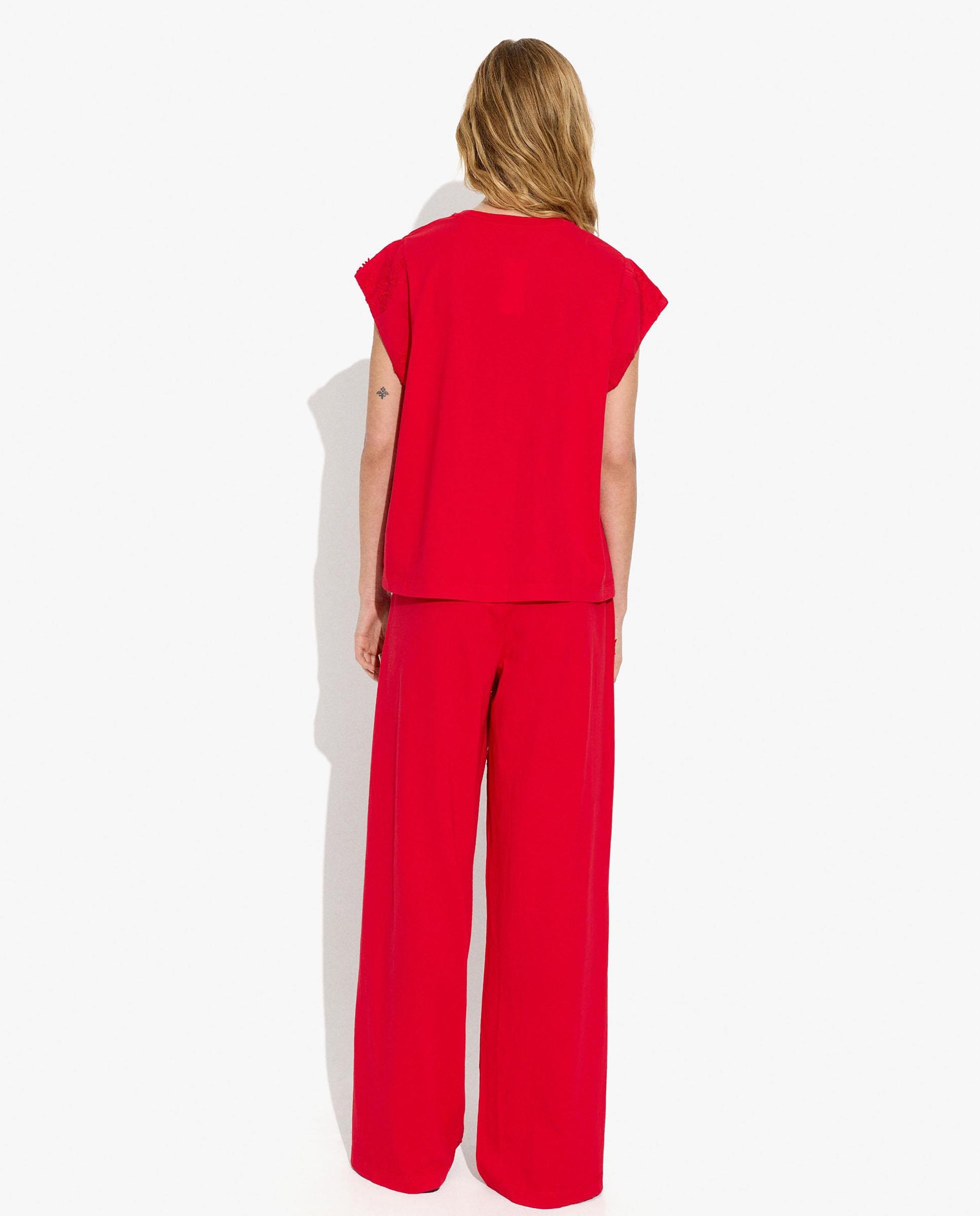 Camiseta de mujer 100% algodón de manga corta con detalles bordados - Parfois - Rojo Rojo-4