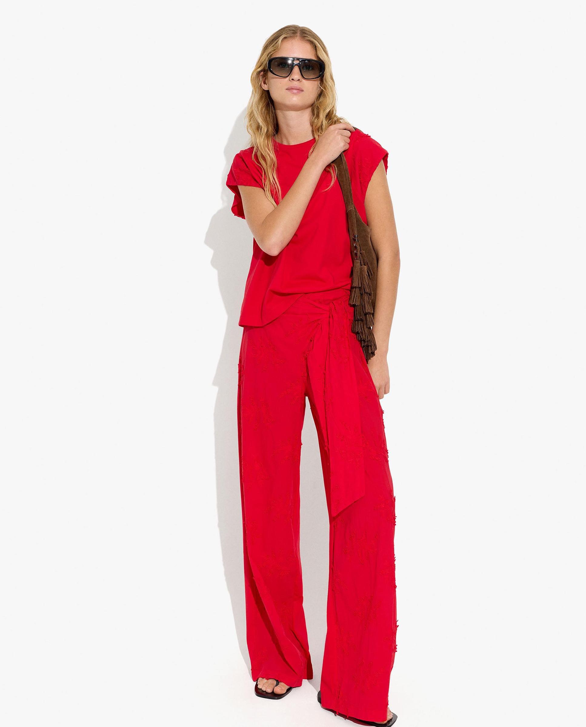 Camiseta de mujer 100% algodón de manga corta con detalles bordados - Parfois - Rojo Rojo-5