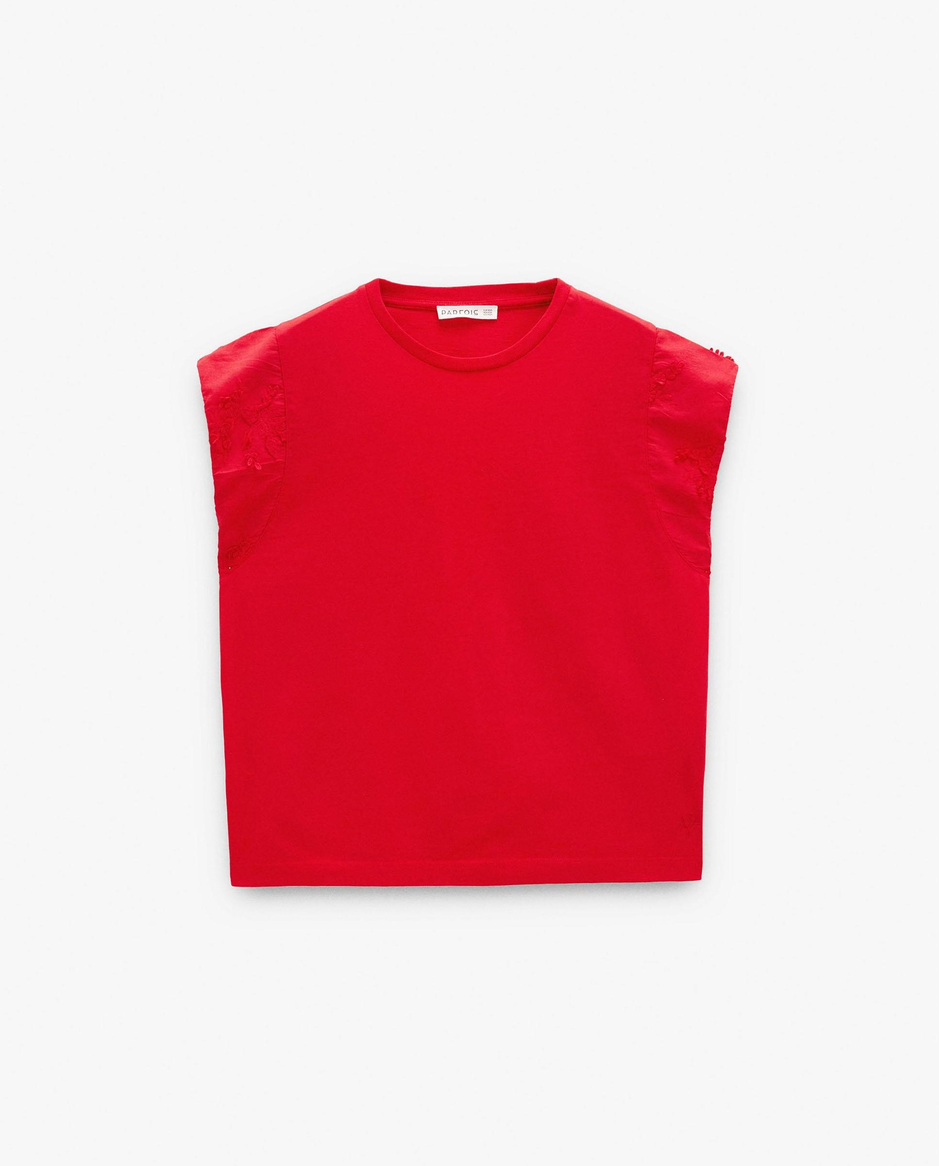 Camiseta de mujer 100% algodón de manga corta con detalles bordados - Parfois - Rojo Rojo-7