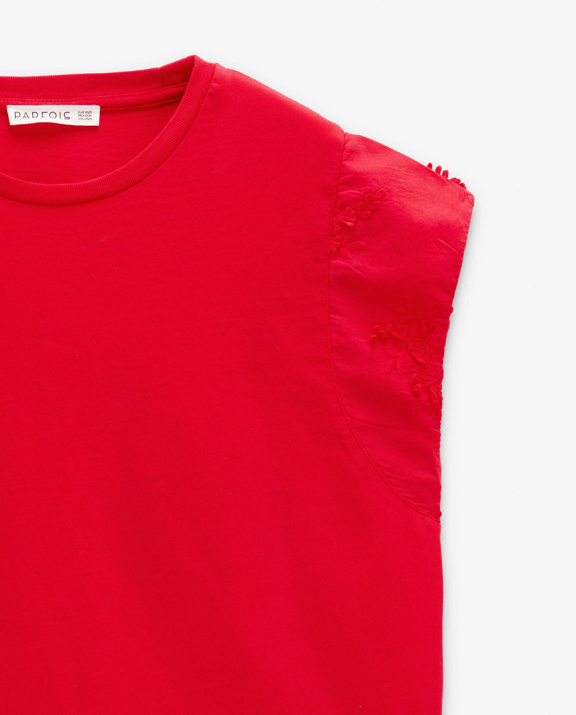 Camiseta de mujer 100% algodón de manga corta con detalles bordados - Parfois - Rojo Rojo-6