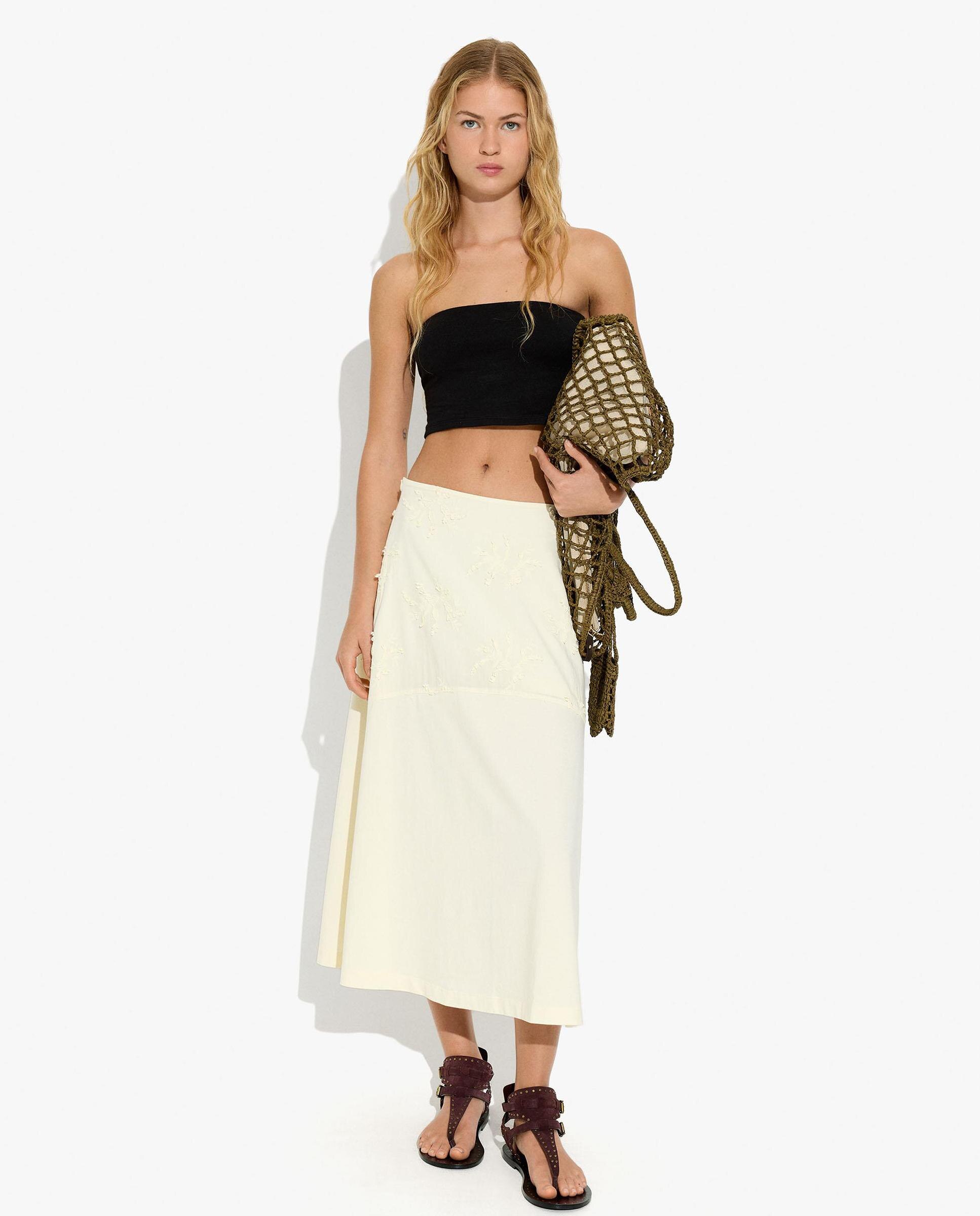Falda midi 100% algodón con bordados - Parfois - Crudo Crudo-1
