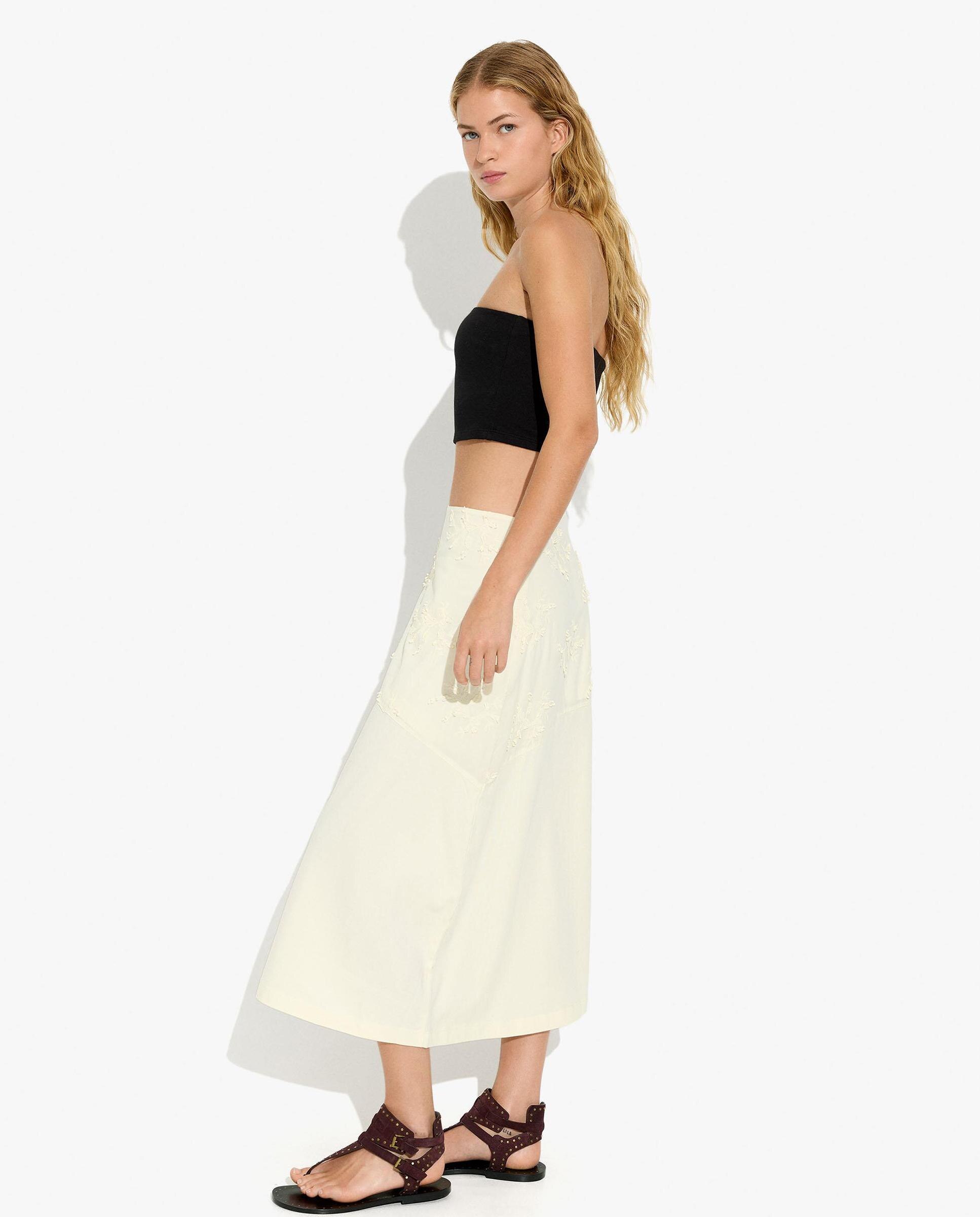 Falda midi 100% algodón con bordados - Parfois - Crudo Crudo-3