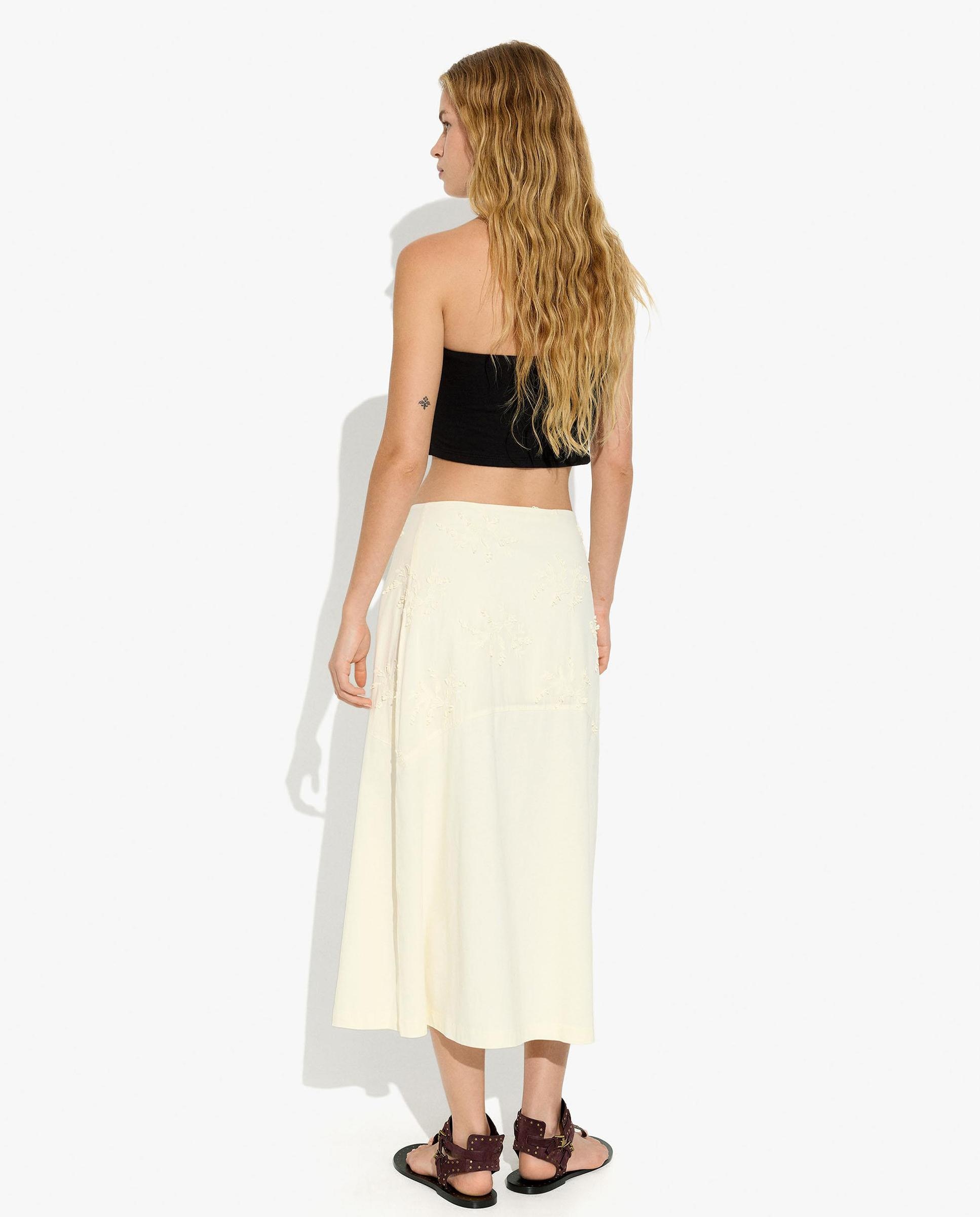 Falda midi 100% algodón con bordados - Parfois - Crudo Crudo-4
