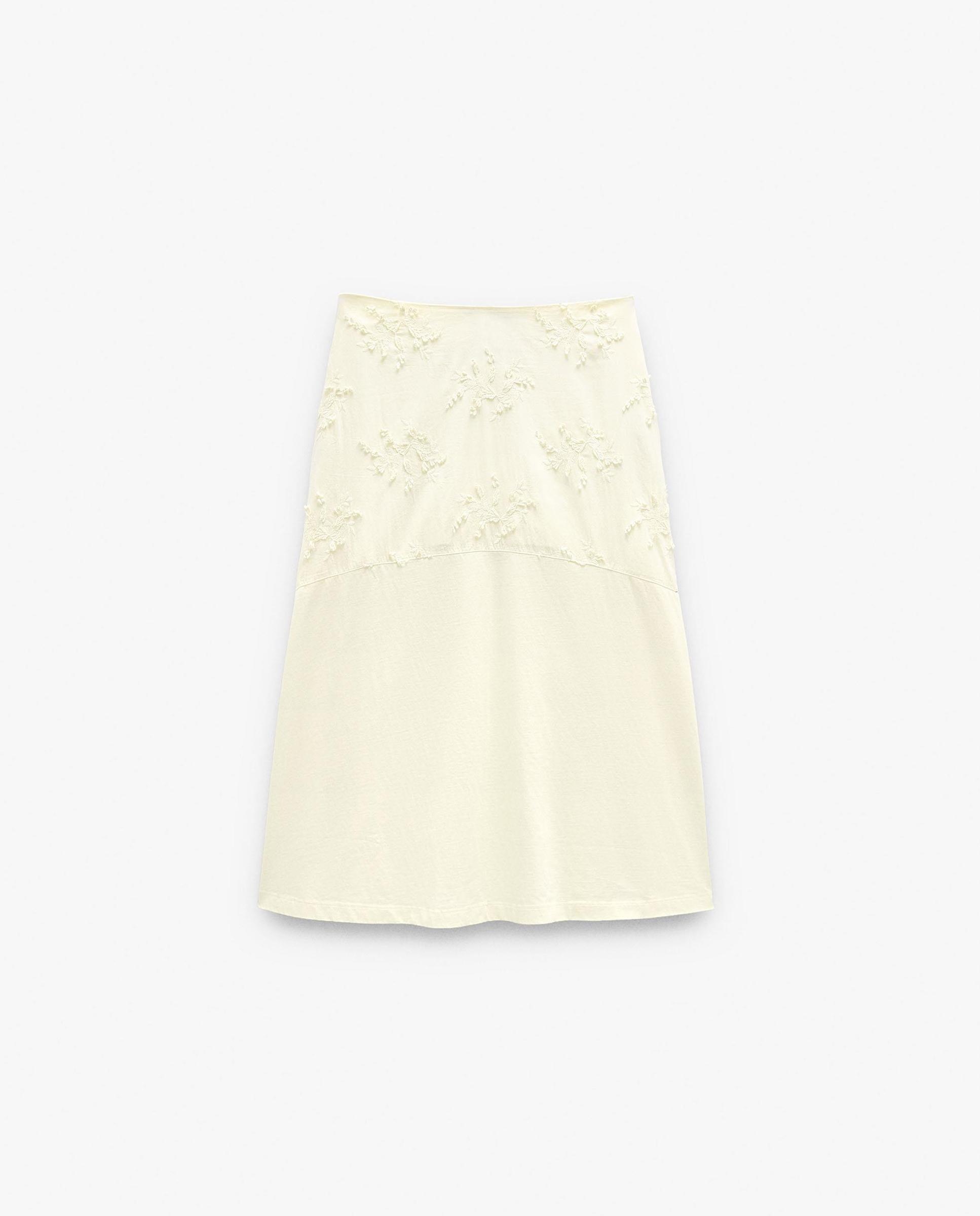 Falda midi 100% algodón con bordados - Parfois - Crudo Crudo-6