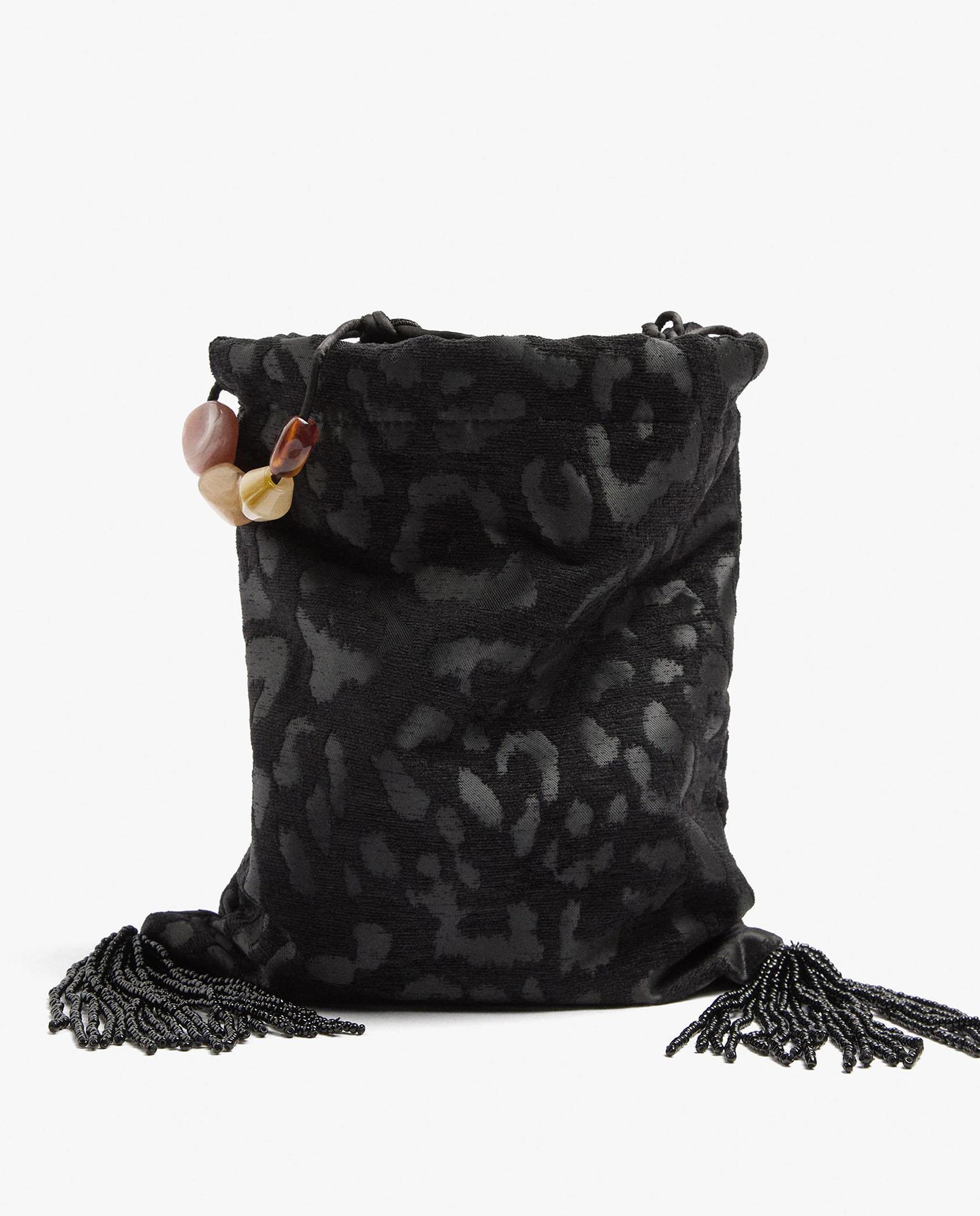 Imagen 0 de Bolso de fiesta 100% piel con cierre de cuerda y estampado animal print Negro