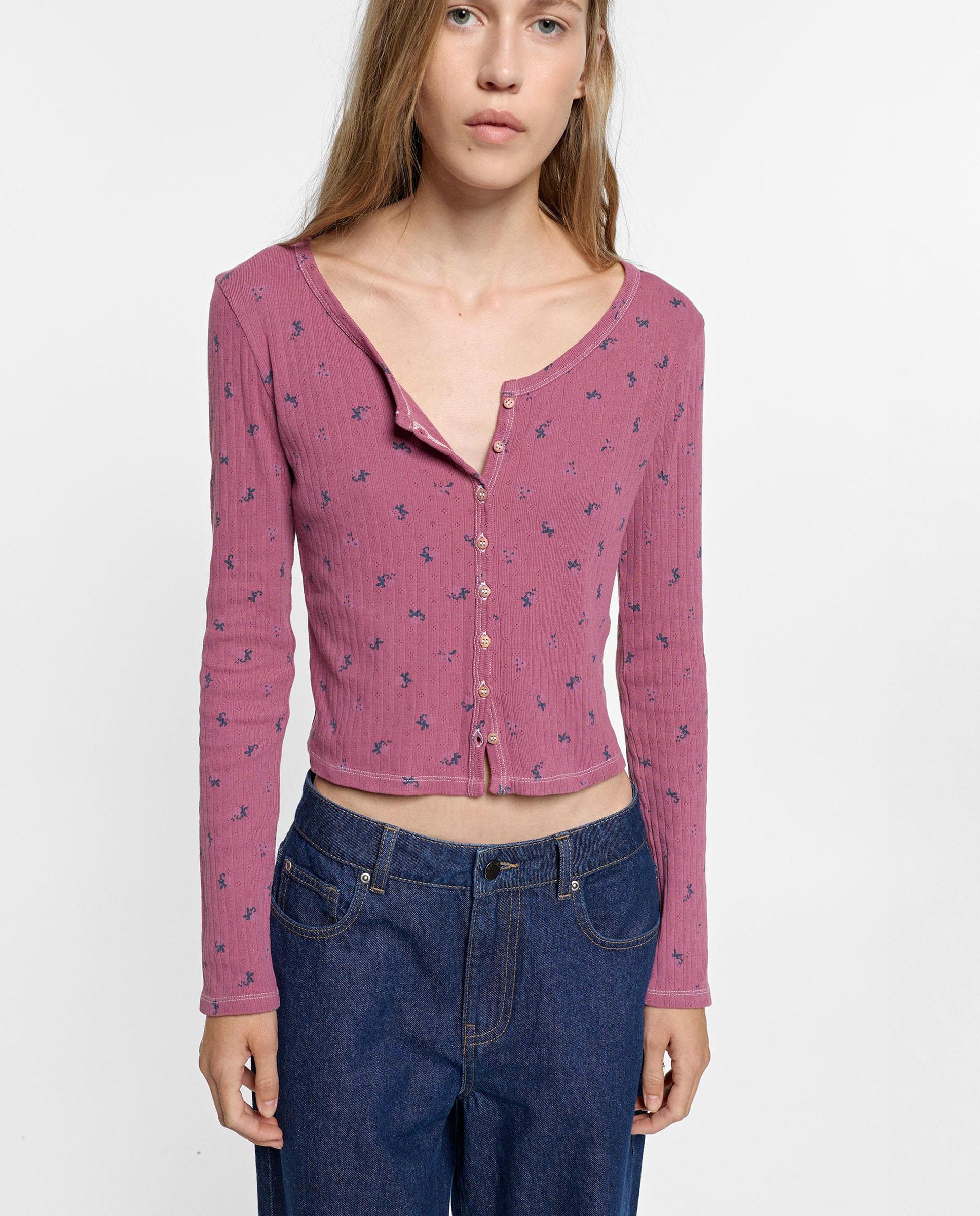 Cárdigan de mujer 100% algodón de punto con estampado floral - Parfois - Rosa Rosa-1