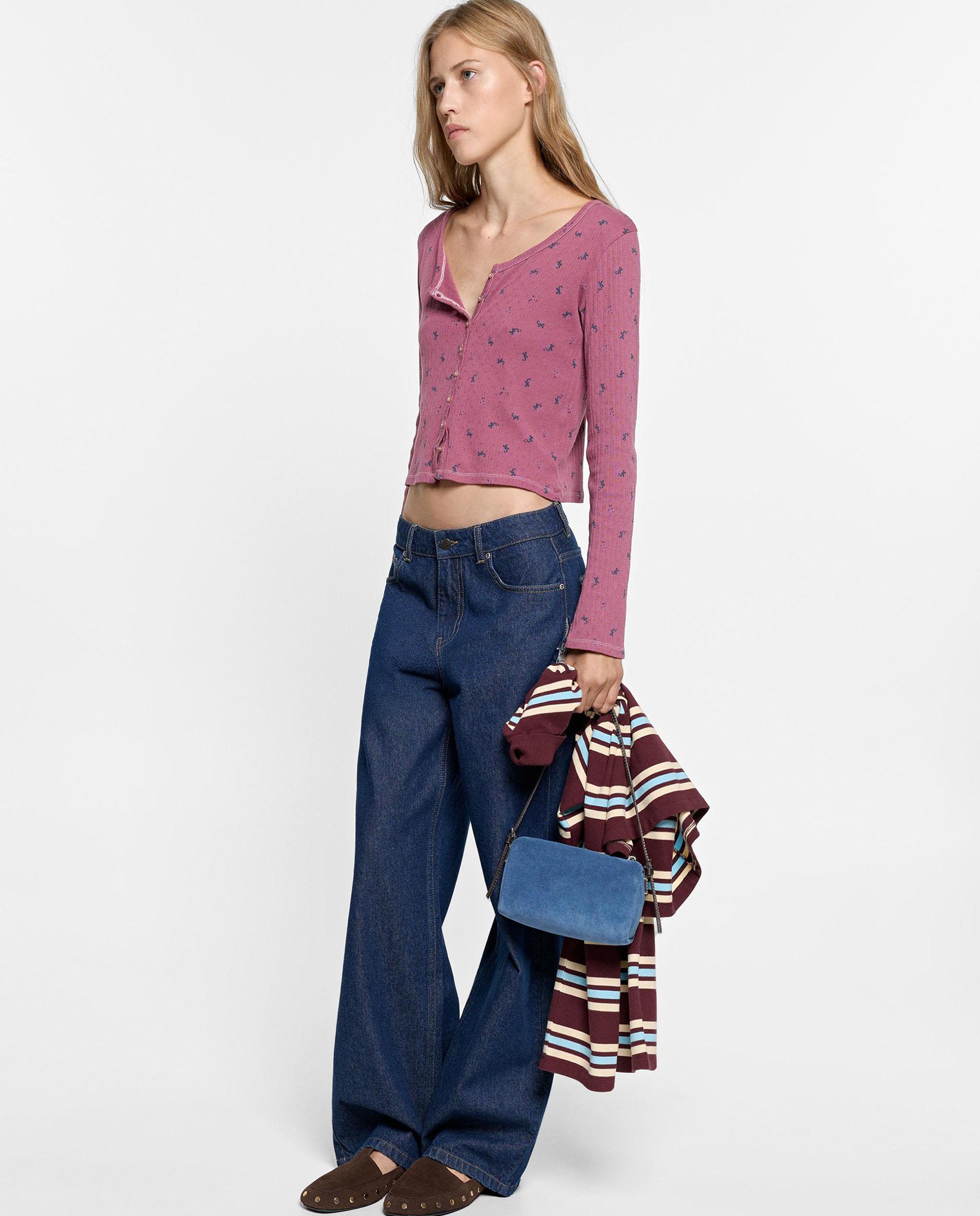 Cárdigan de mujer 100% algodón de punto con estampado floral - Parfois - Rosa Rosa-2