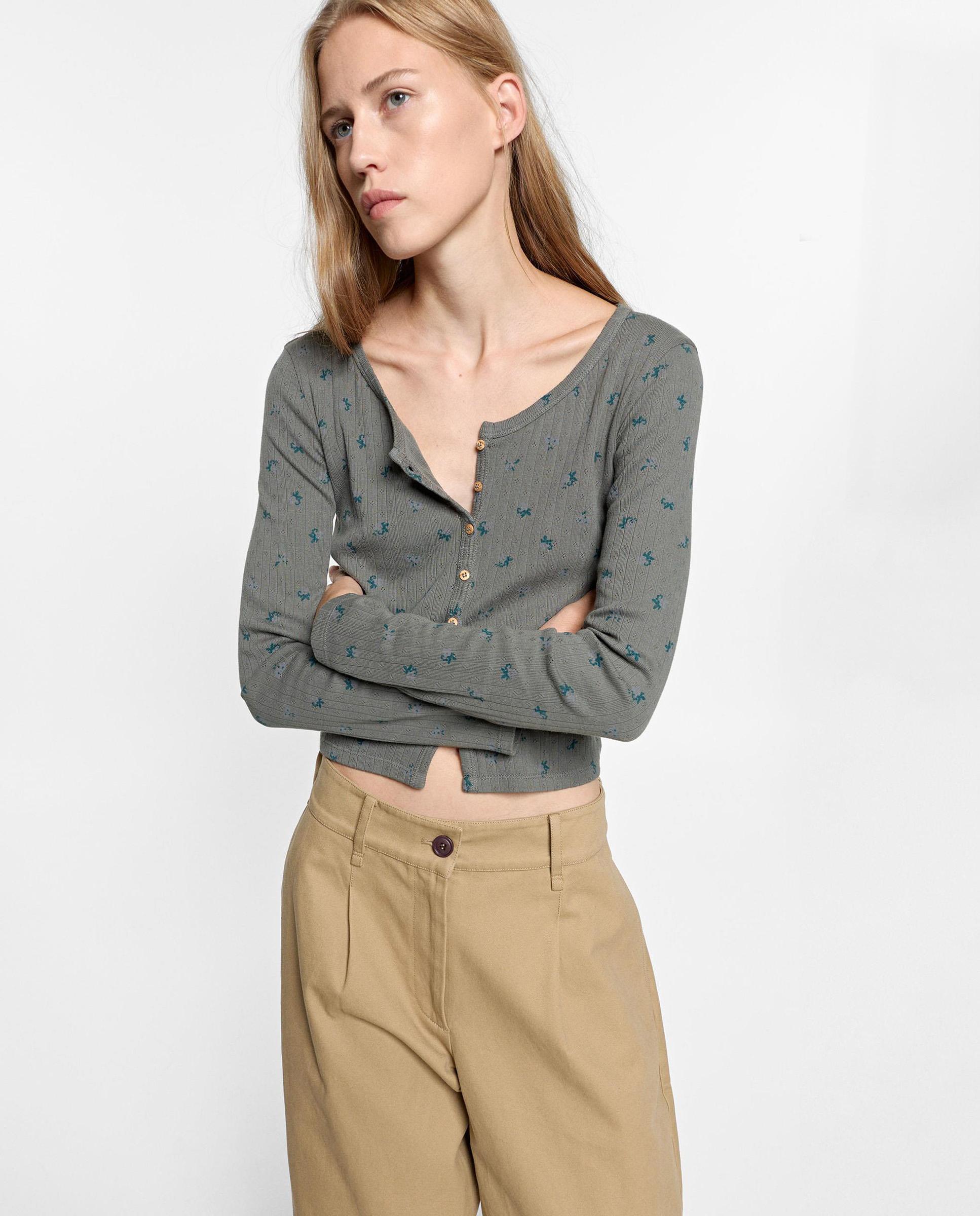 Cárdigan de mujer 100% algodón con estampado floral - Parfois - Kaki Kaki-1
