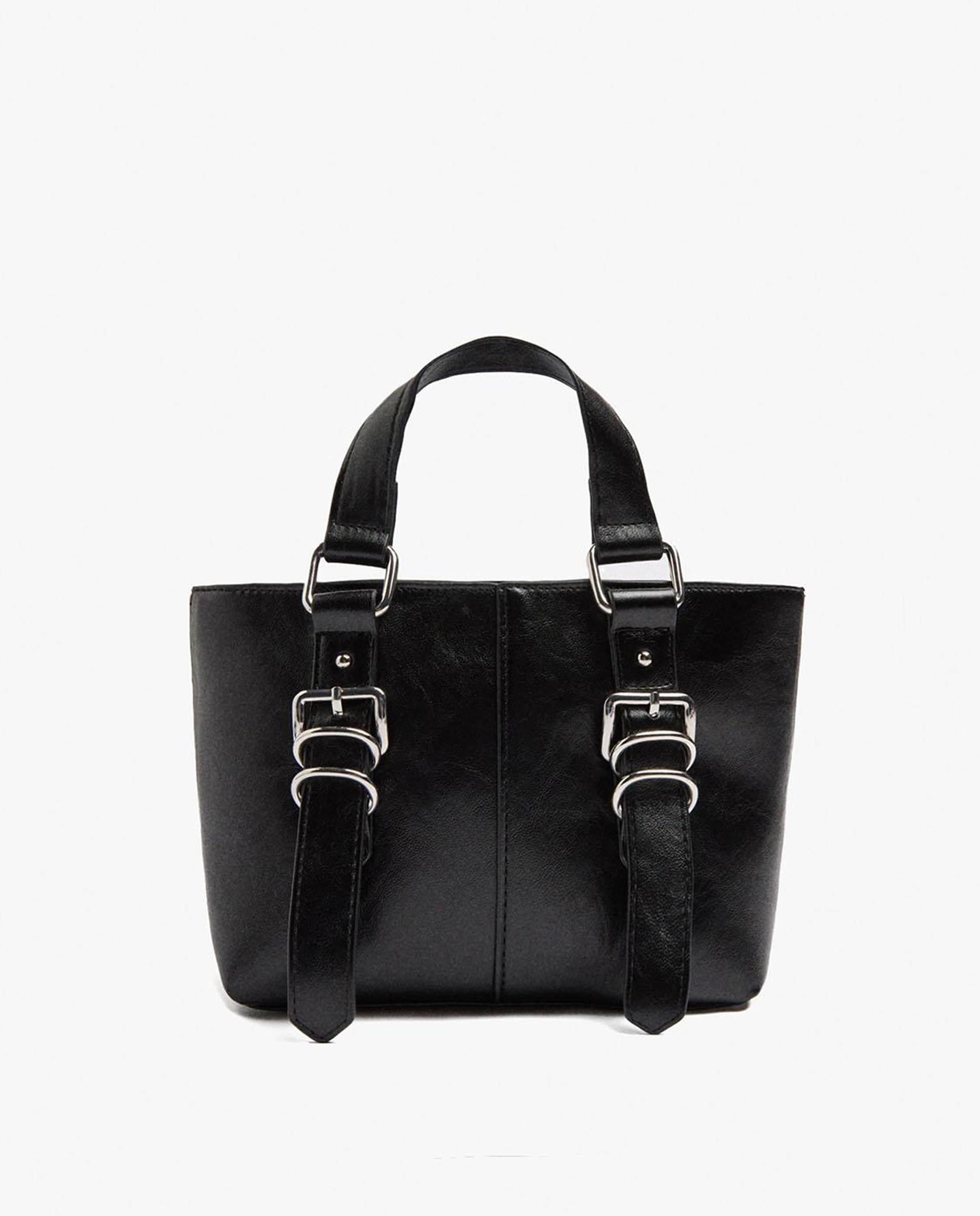 Bolso de mano estilo tote convertible a bandolera con hebillas decorativas y cierre de cremallera en liso - Parfois - Negro Negro-1