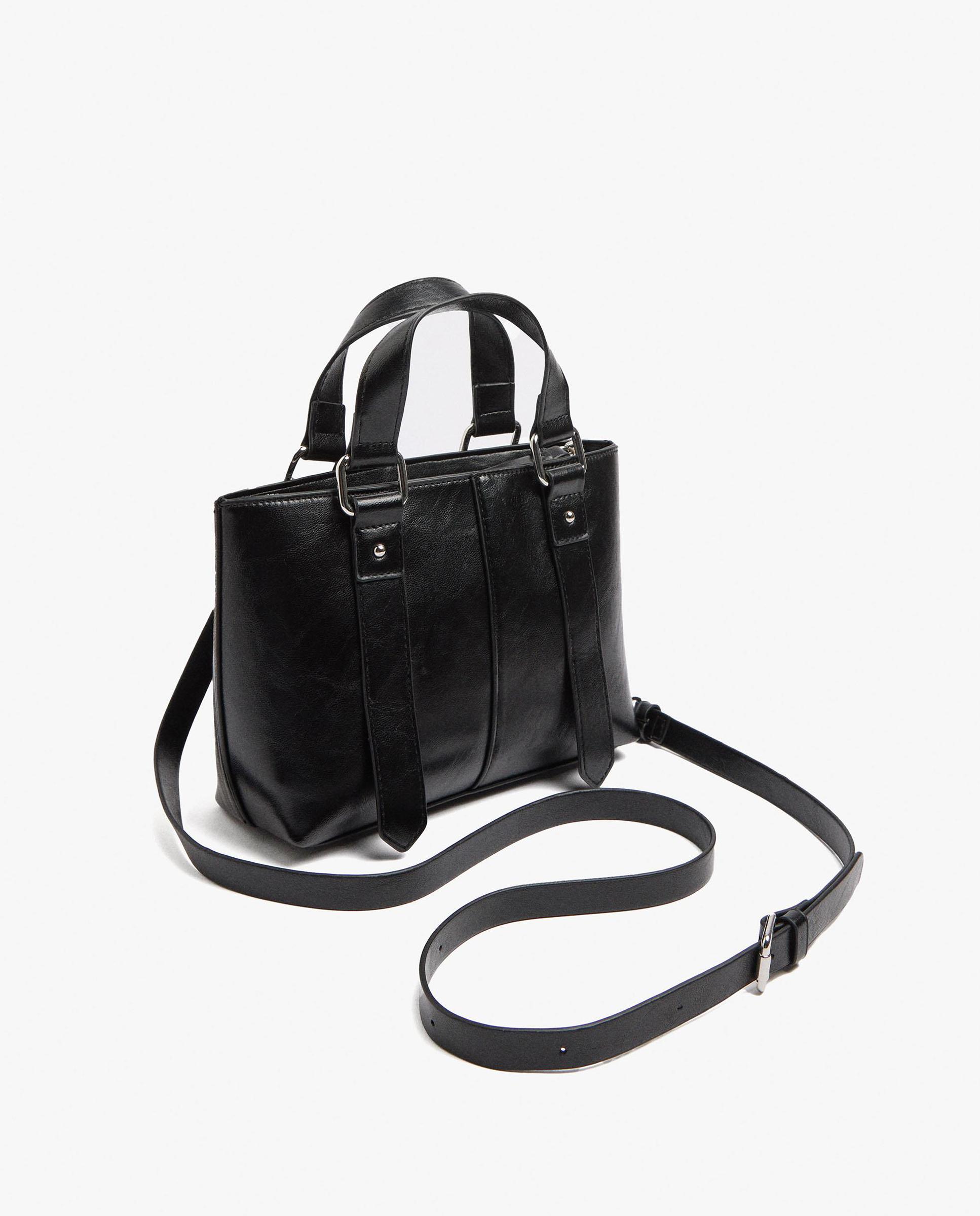Bolso de mano estilo tote convertible a bandolera con hebillas decorativas y cierre de cremallera en liso - Parfois - Negro Negro-2