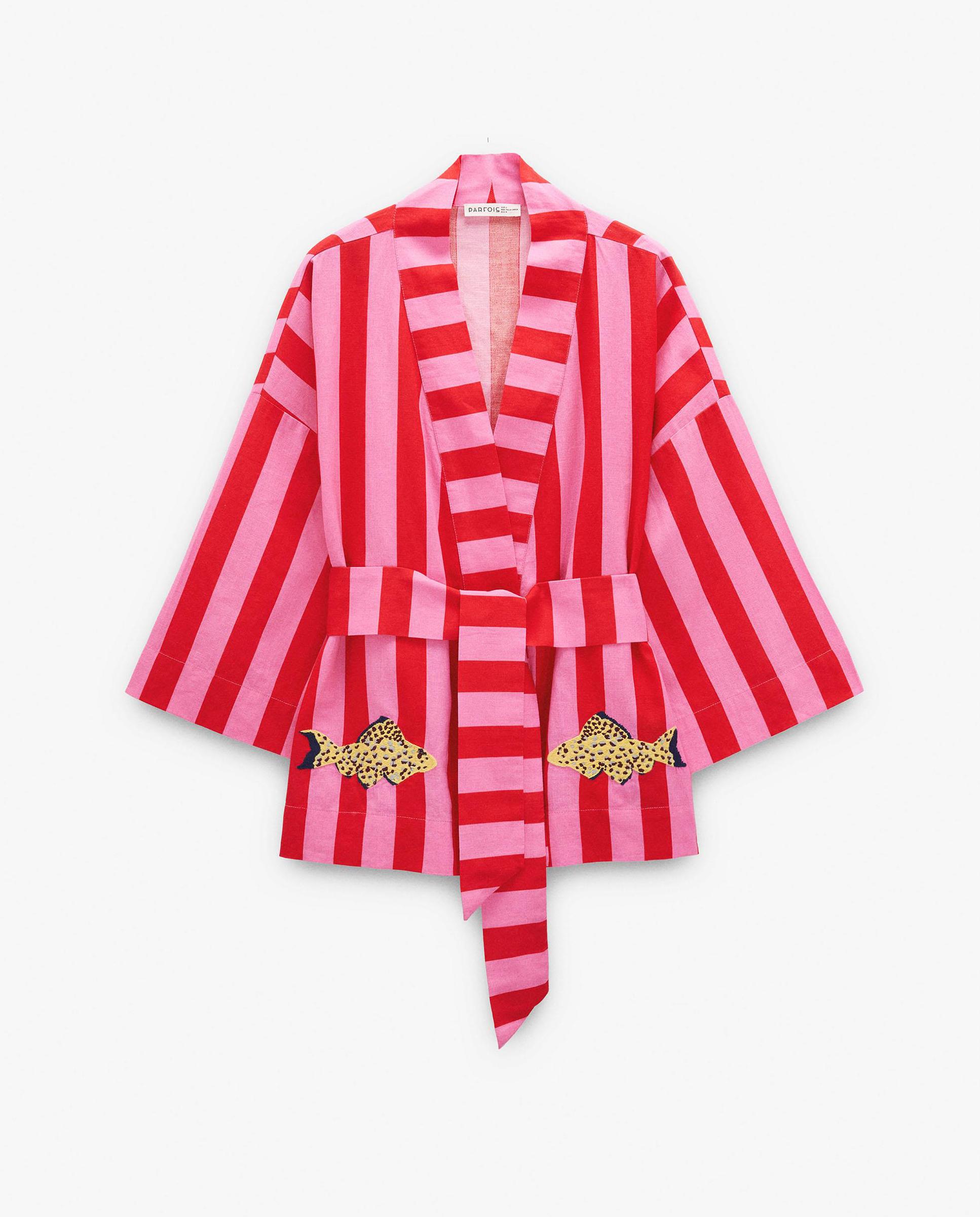 Caftán de mujer estilo kimono con cinturón ajustable y estampado de rayas - Parfois - Multicolor Multicolor-1