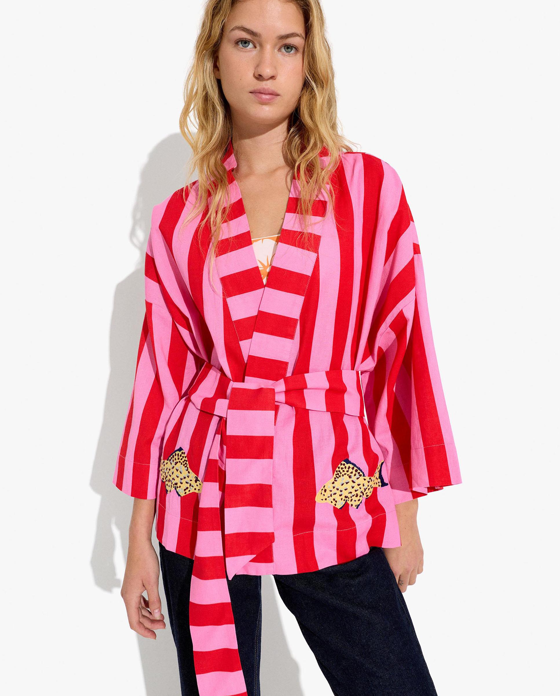 Caftán de mujer estilo kimono con cinturón ajustable y estampado de rayas - Parfois - Multicolor Multicolor-2