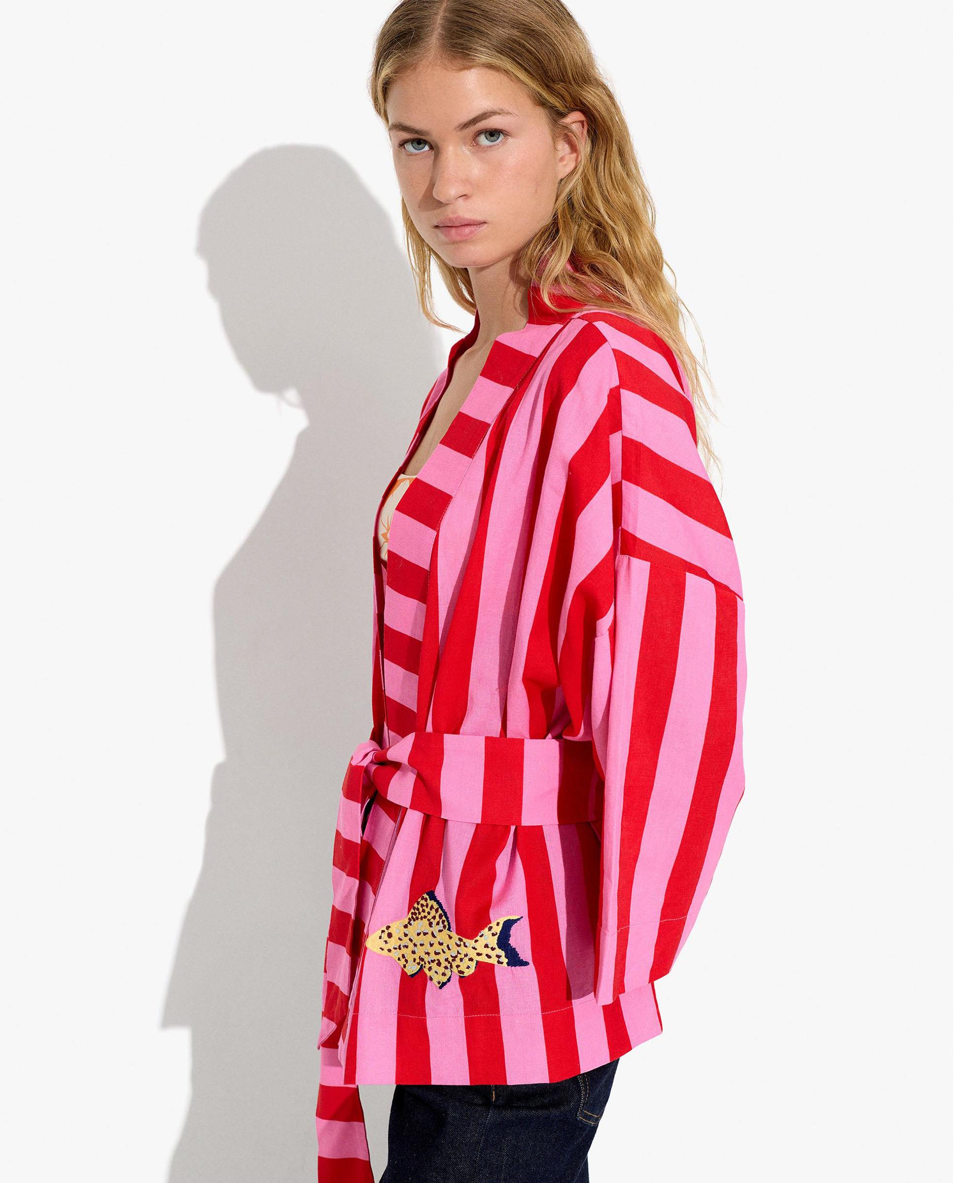 Caftán de mujer estilo kimono con cinturón ajustable y estampado de rayas - Parfois - Multicolor Multicolor-3
