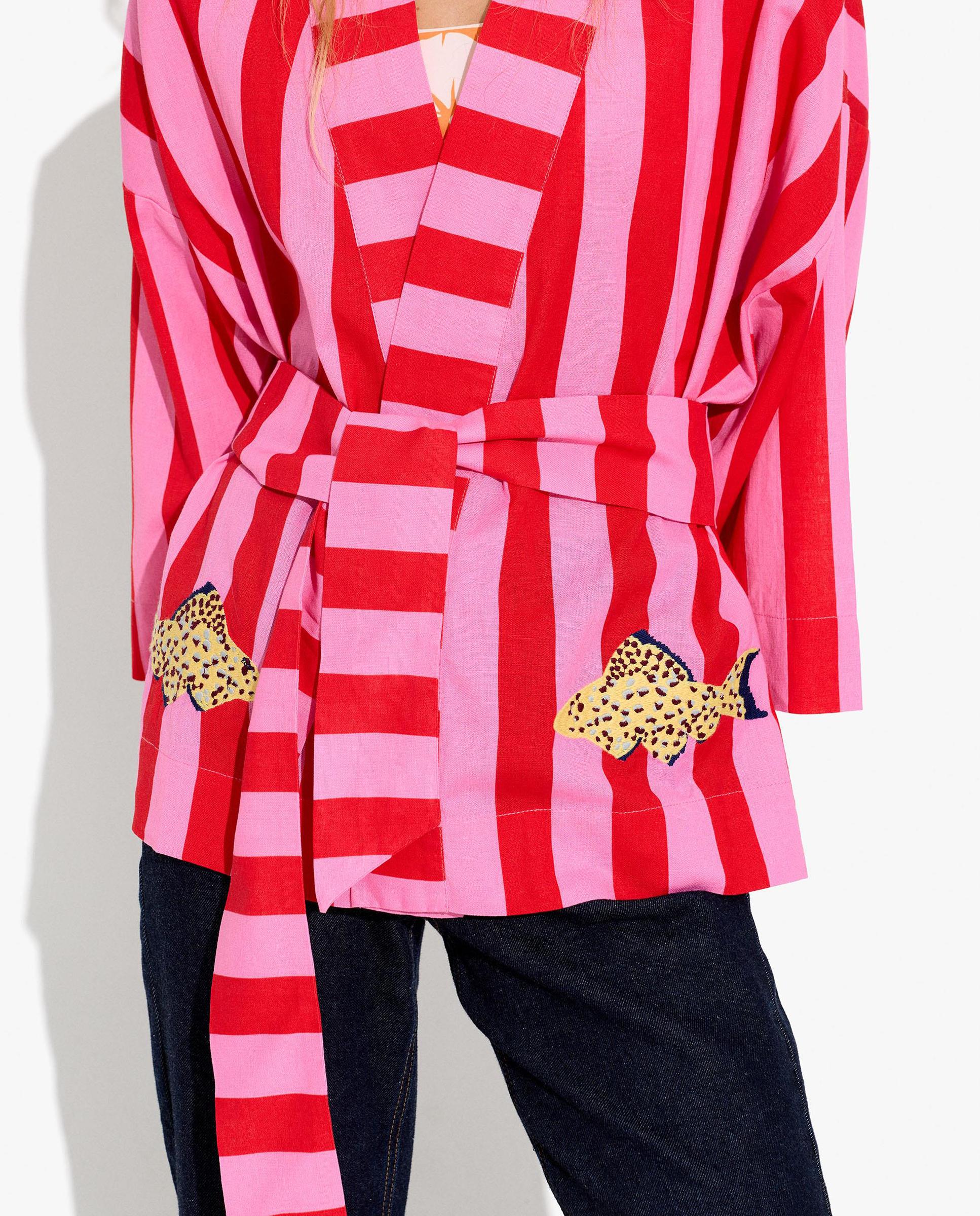 Caftán de mujer estilo kimono con cinturón ajustable y estampado de rayas - Parfois - Multicolor Multicolor-5