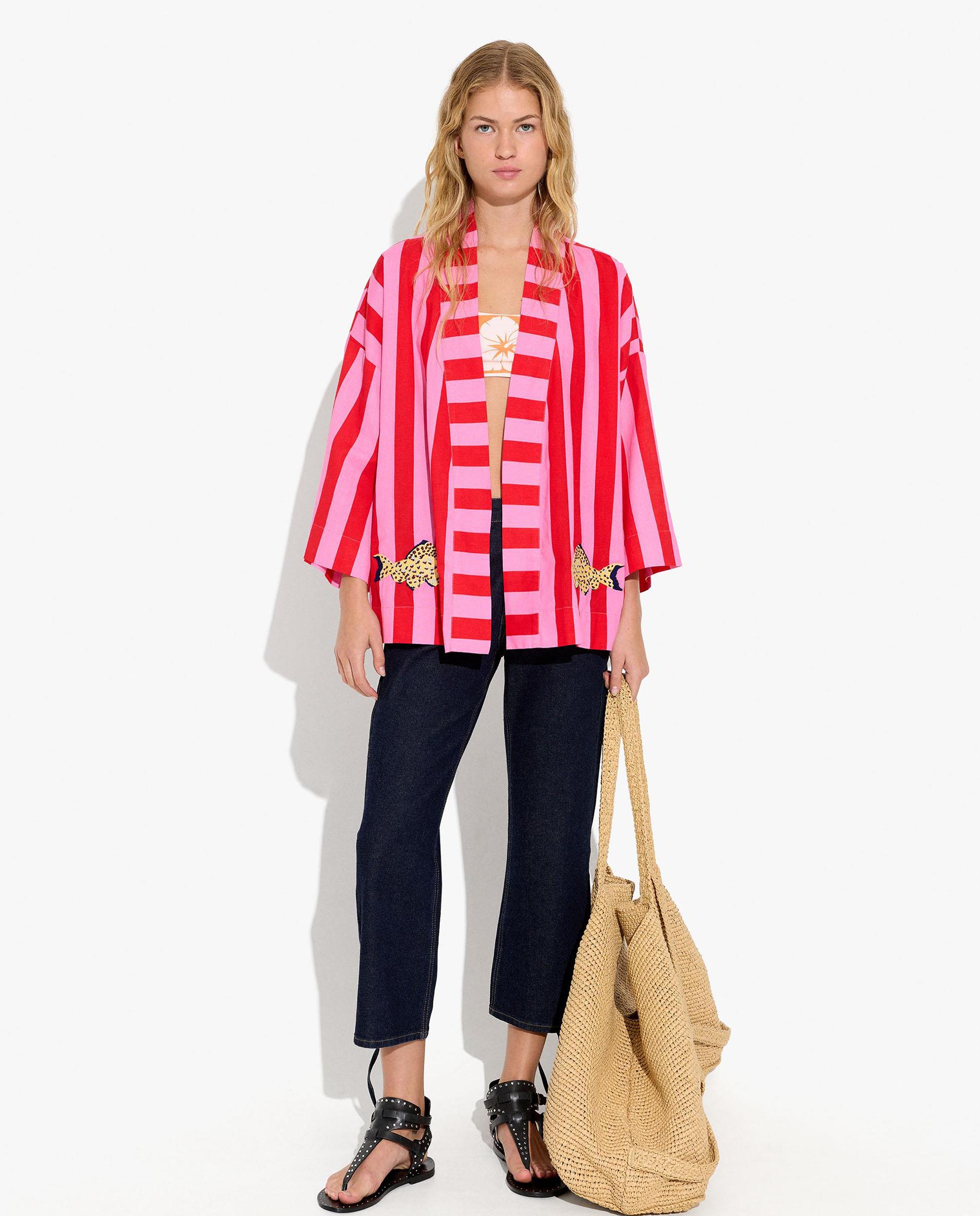 Caftán de mujer estilo kimono con cinturón ajustable y estampado de rayas - Parfois - Multicolor Multicolor-6