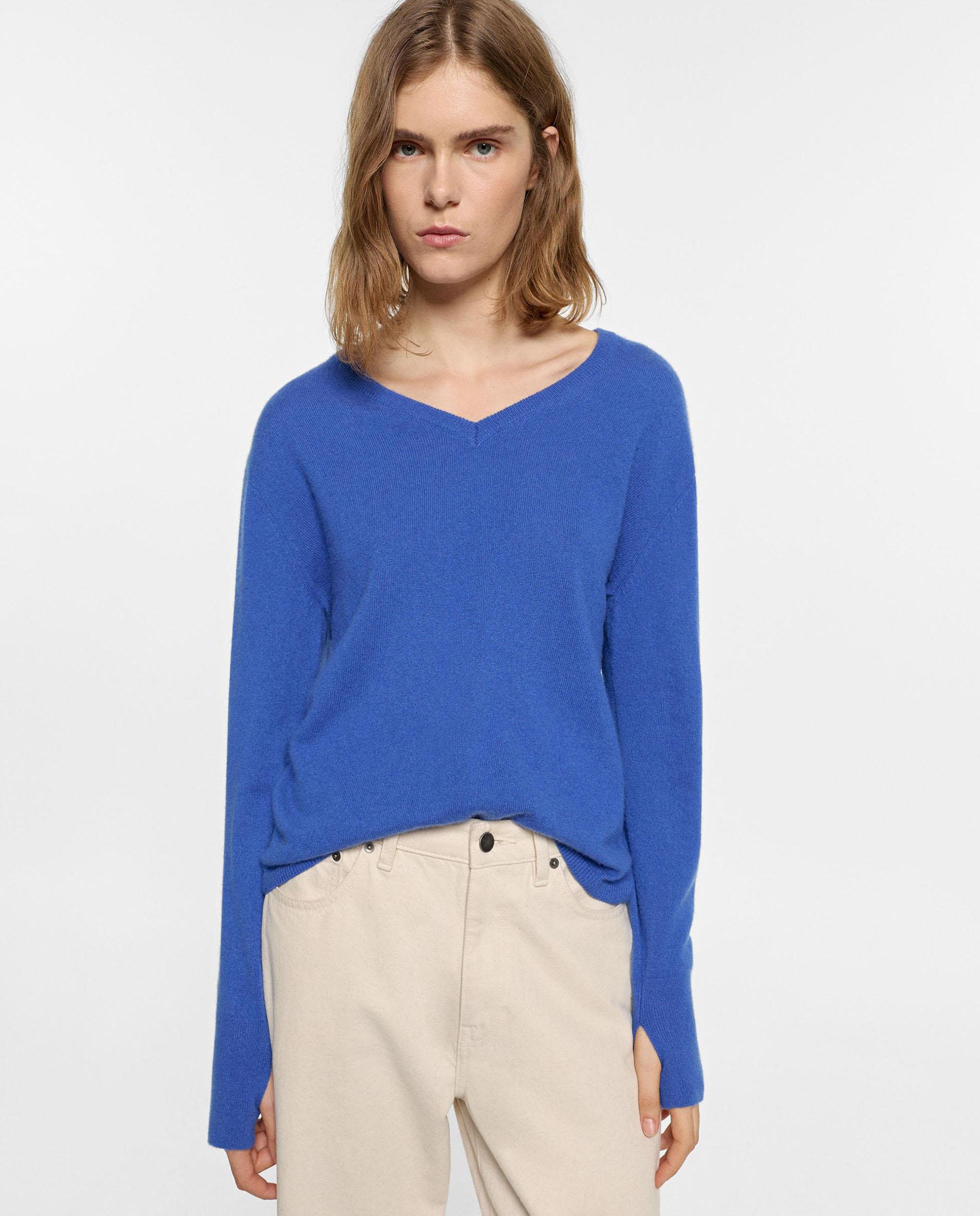 Imagen 1 de Jersey de mujer 100% cashmere con cuello pico en liso Azul
