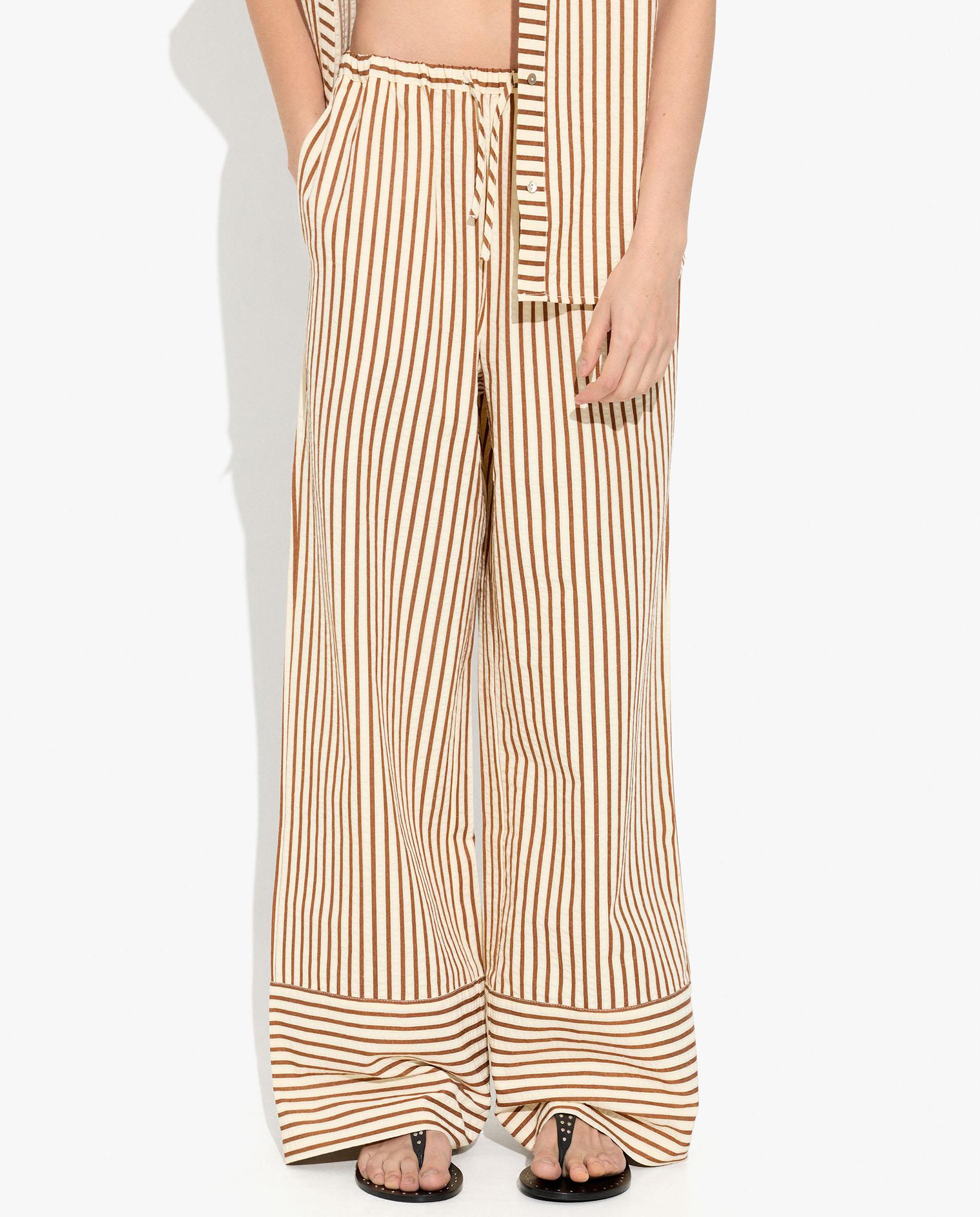 Pantalones rectos de mujer con cintura elástica y estampado de rayas - Parfois - Camel Camel-2