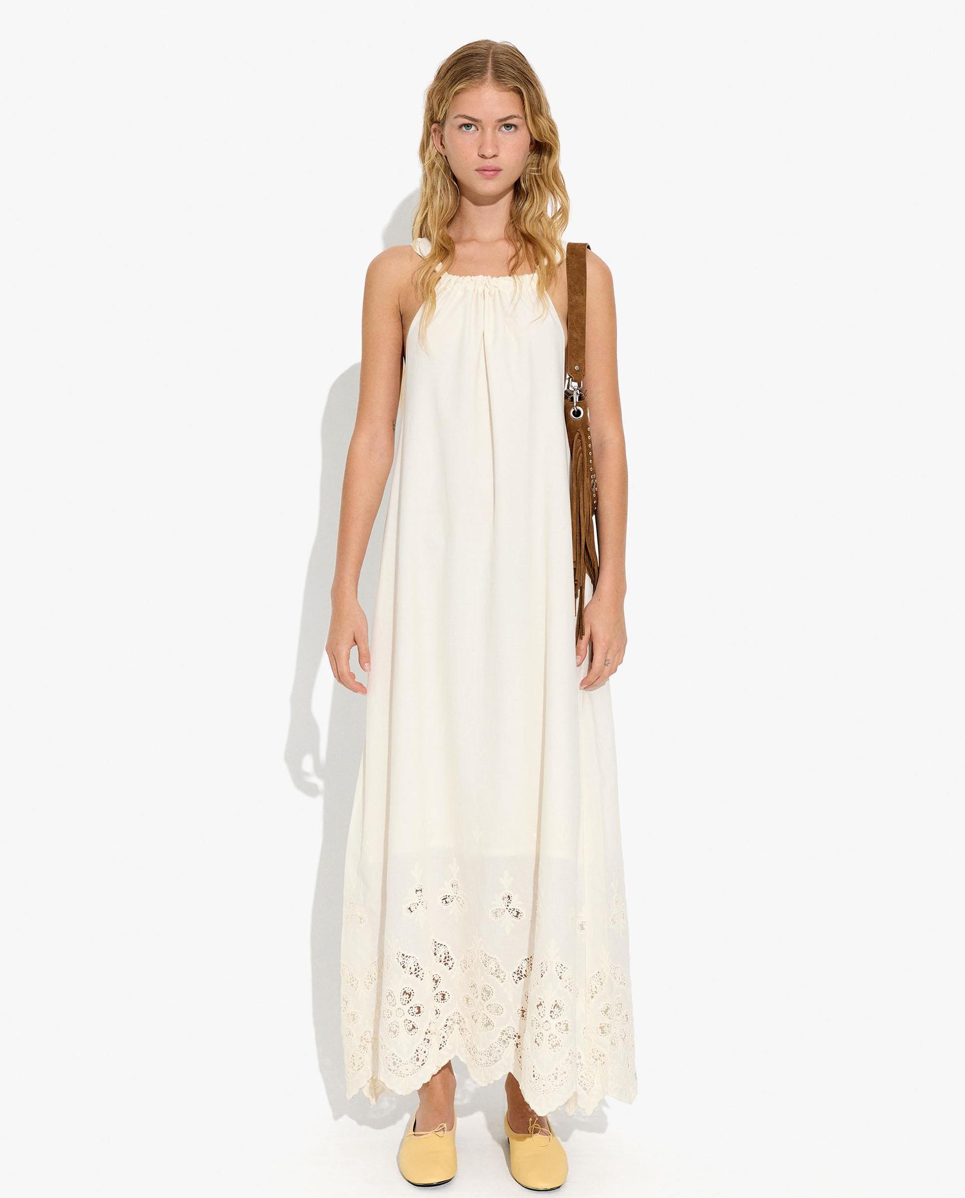Vestido largo 100% algodón de tirantes con bordados - Parfois - Blanco Blanco-1