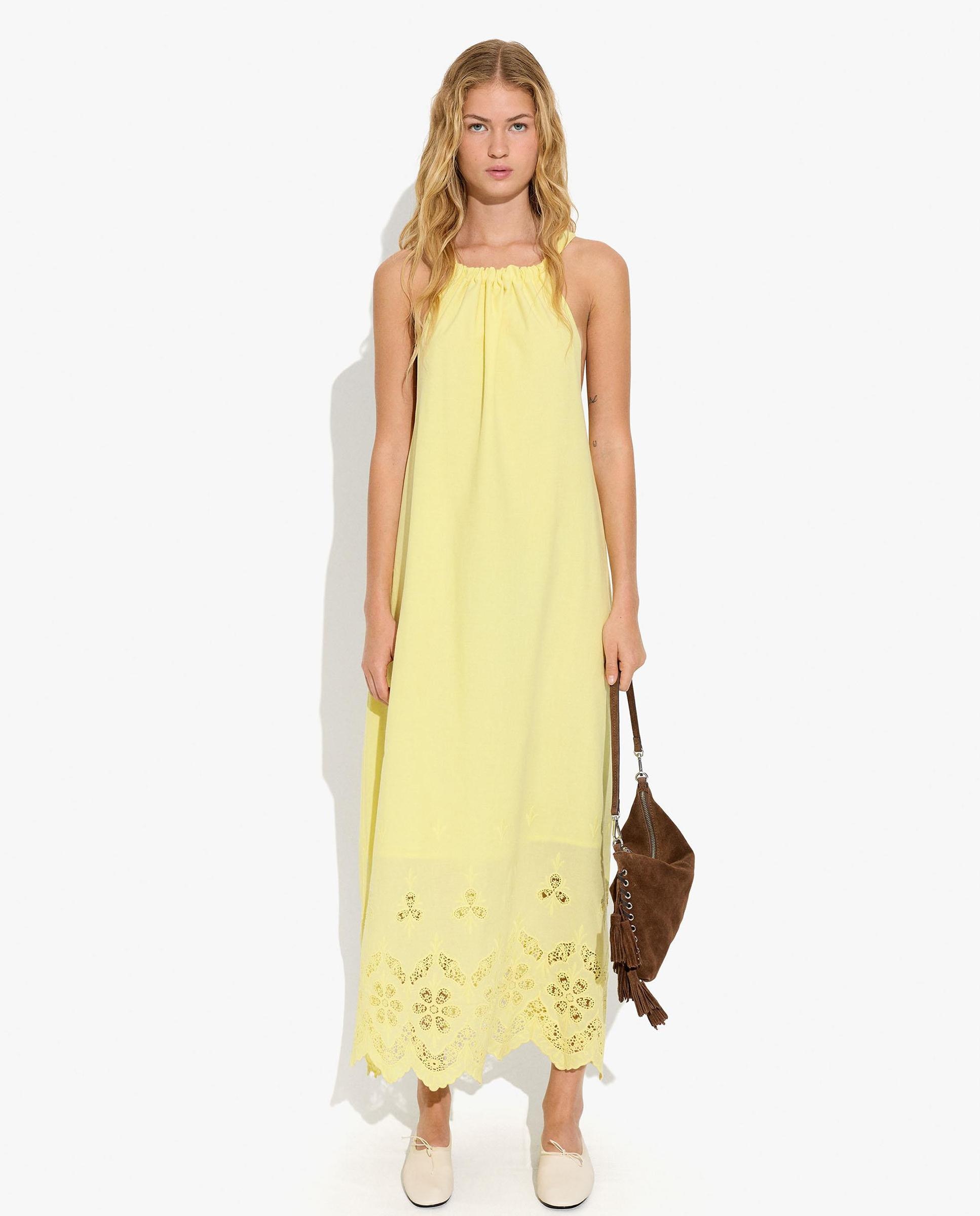 Vestido largo 100% algodón de tirantes con bordados - Parfois - Amarillo Amarillo-1