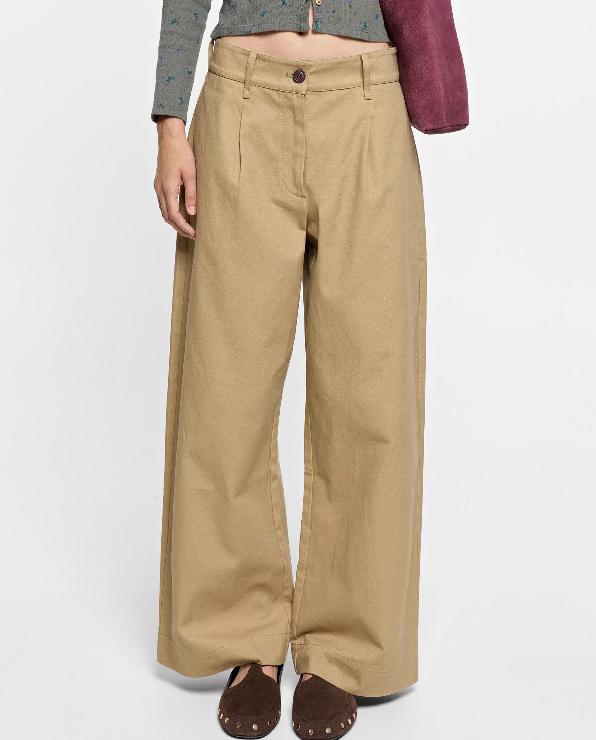 Pantalones rectos de mujer 100% algodón estilo pinzas con cierre de botón - Parfois - Marrón claro Marrón claro-3