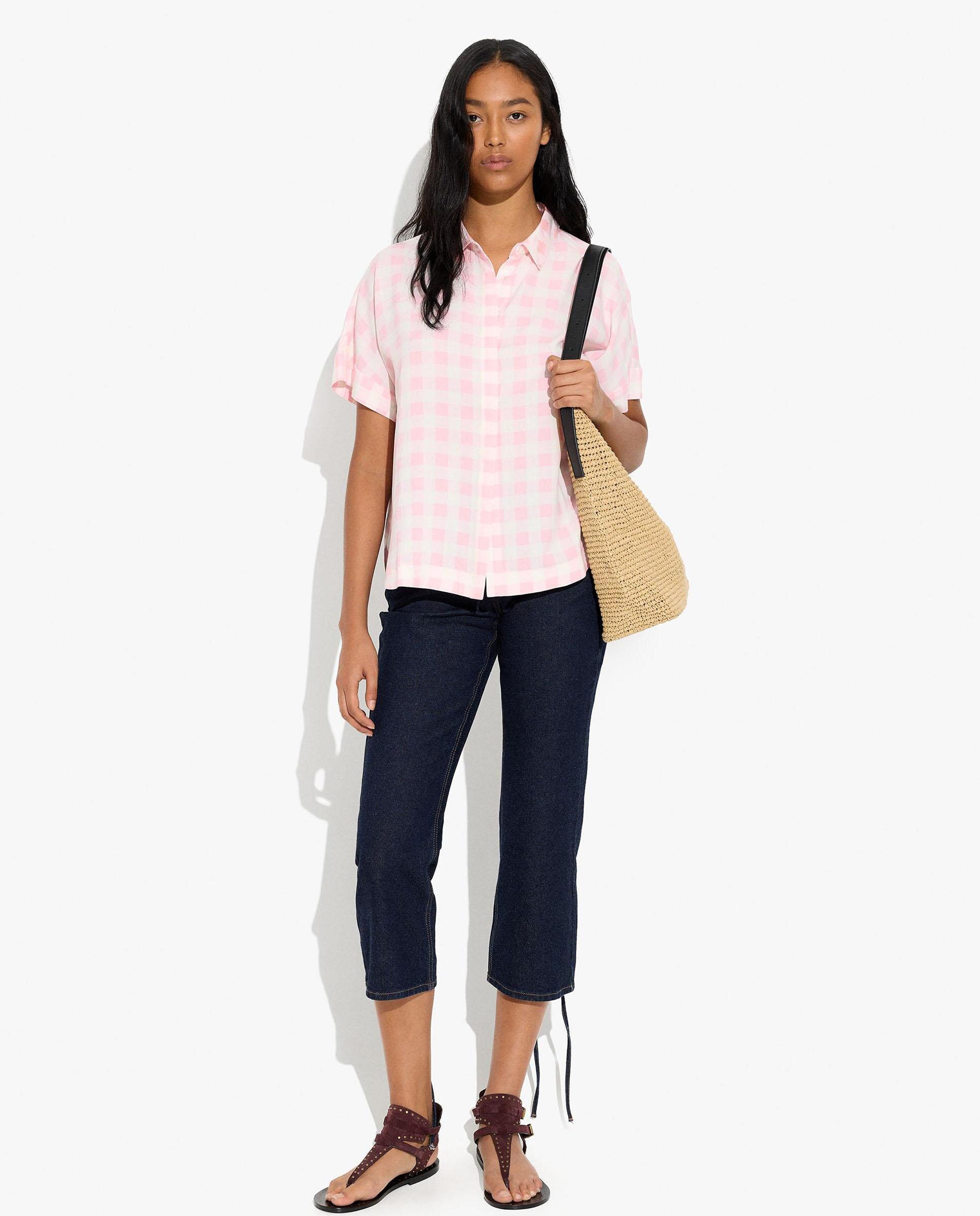 Camisa de mujer 100% viscosa de manga corta con estampado vichy - Parfois - Rosa Rosa-2