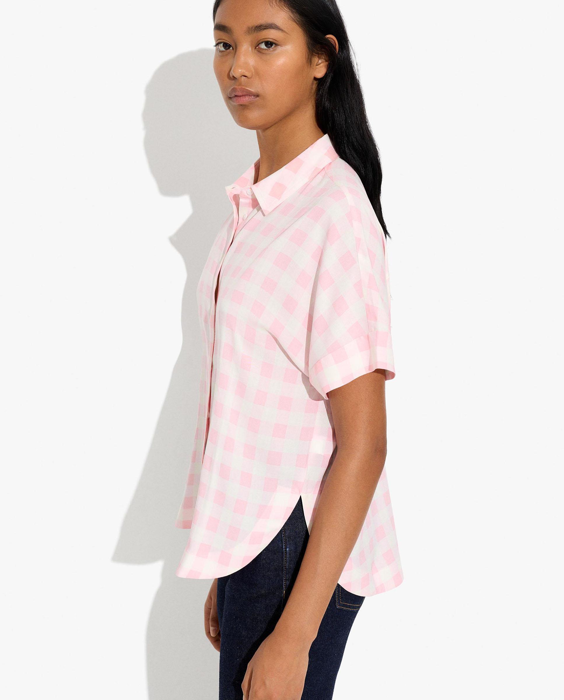 Camisa de mujer 100% viscosa de manga corta con estampado vichy - Parfois - Rosa Rosa-3