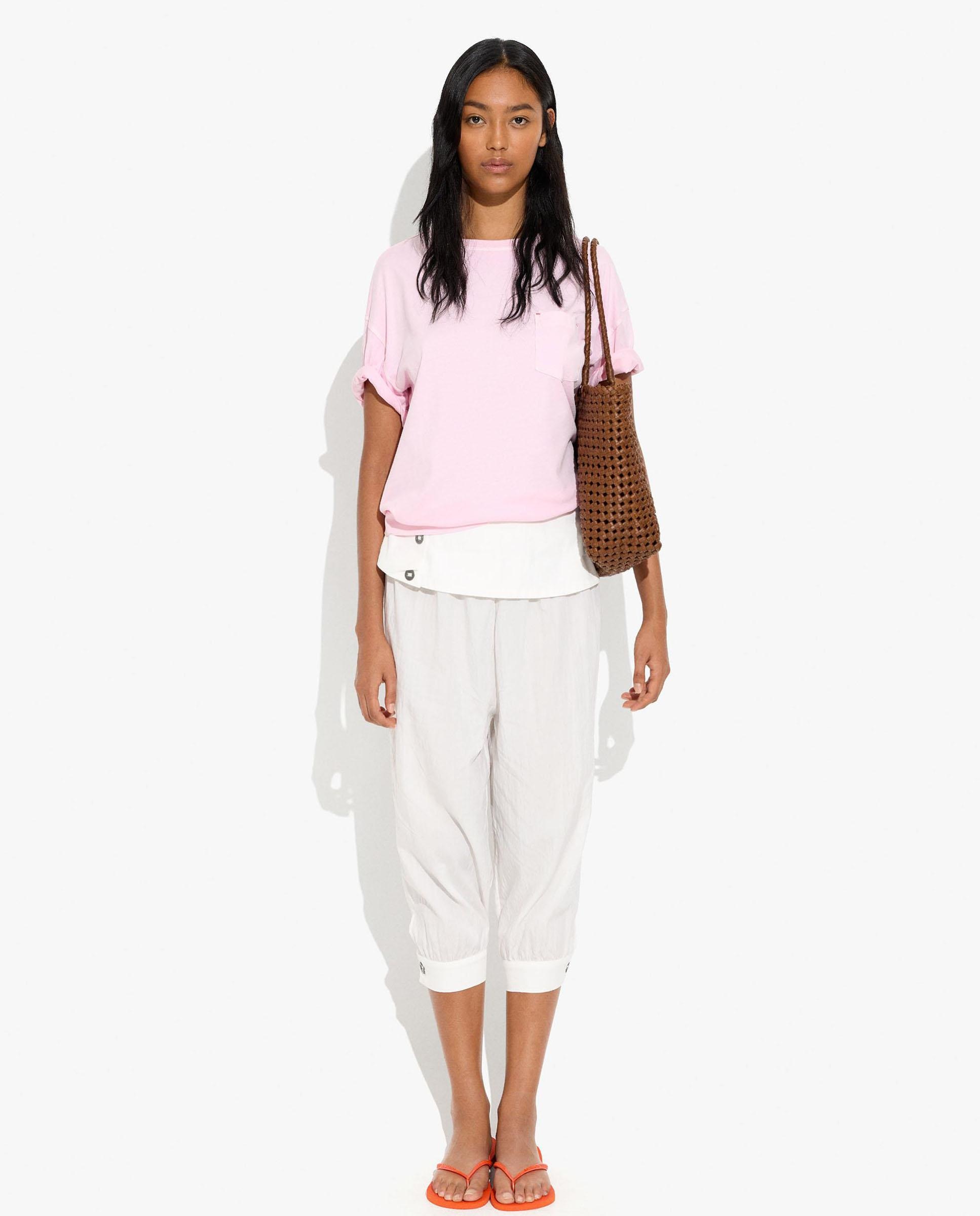 Camiseta de mujer 100% algodón de manga corta en liso con bolsillo lateral - Parfois - Rosa Rosa-2
