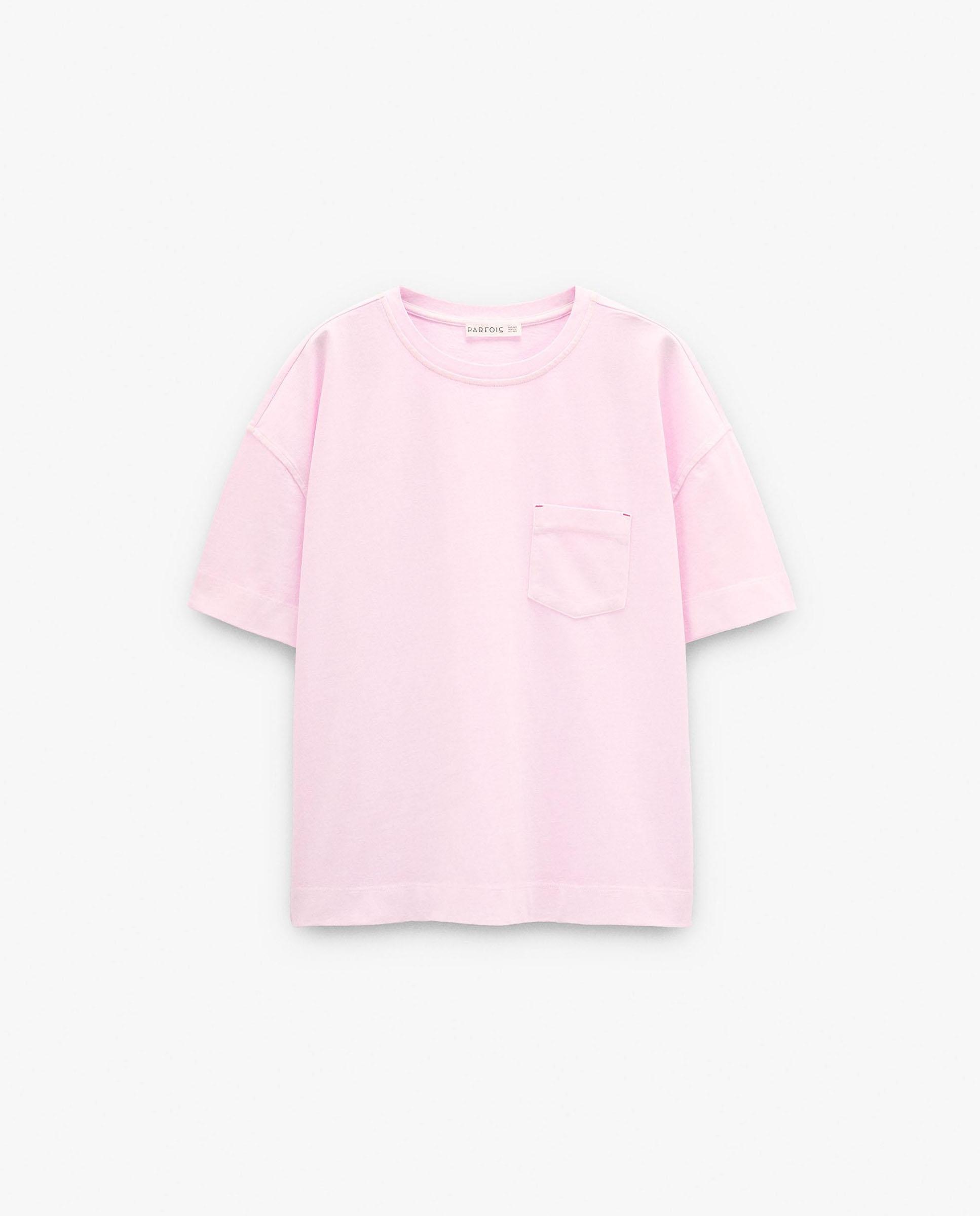 Camiseta de mujer 100% algodón de manga corta en liso con bolsillo lateral - Parfois - Rosa Rosa-5