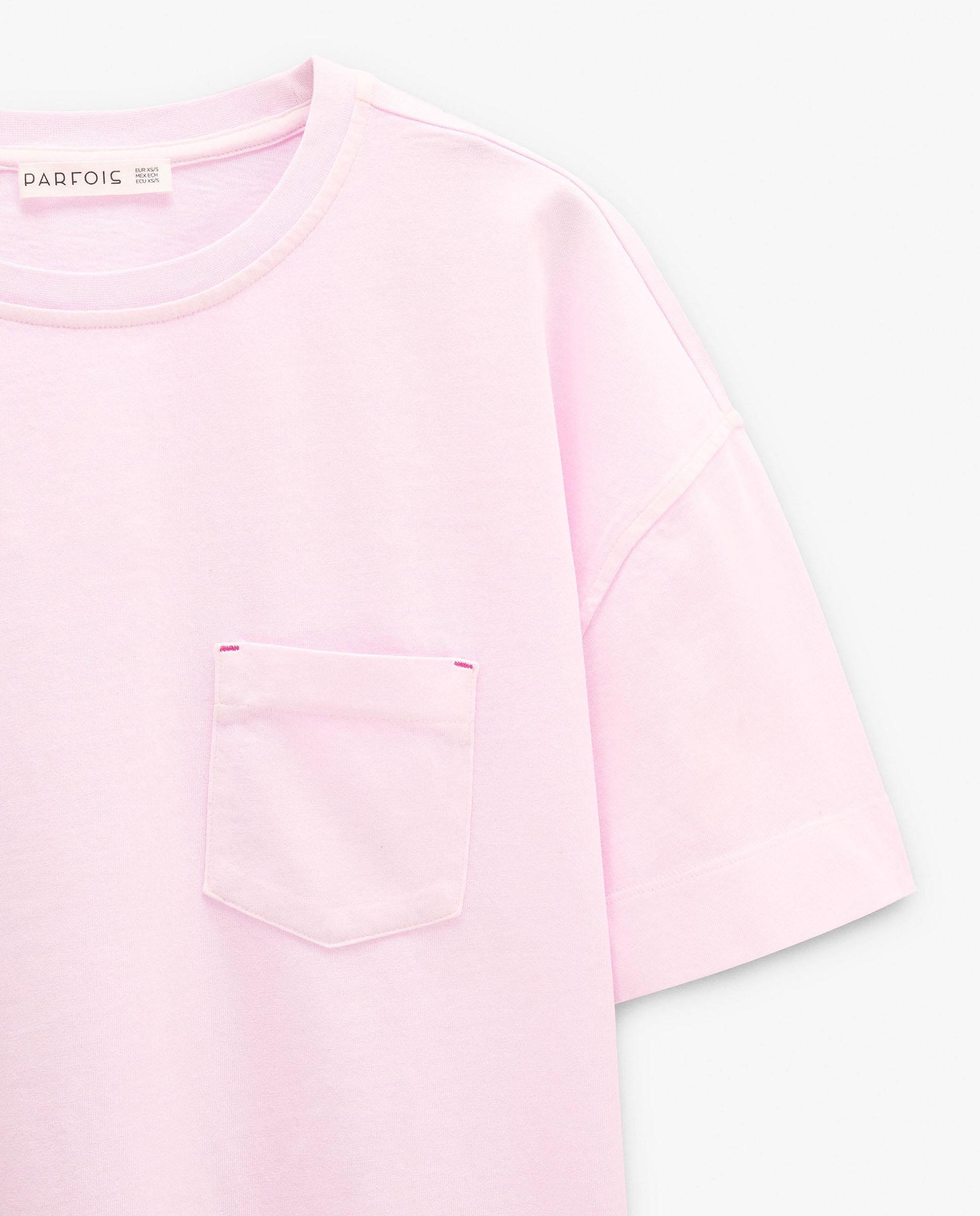 Camiseta de mujer 100% algodón de manga corta en liso con bolsillo lateral - Parfois - Rosa Rosa-4