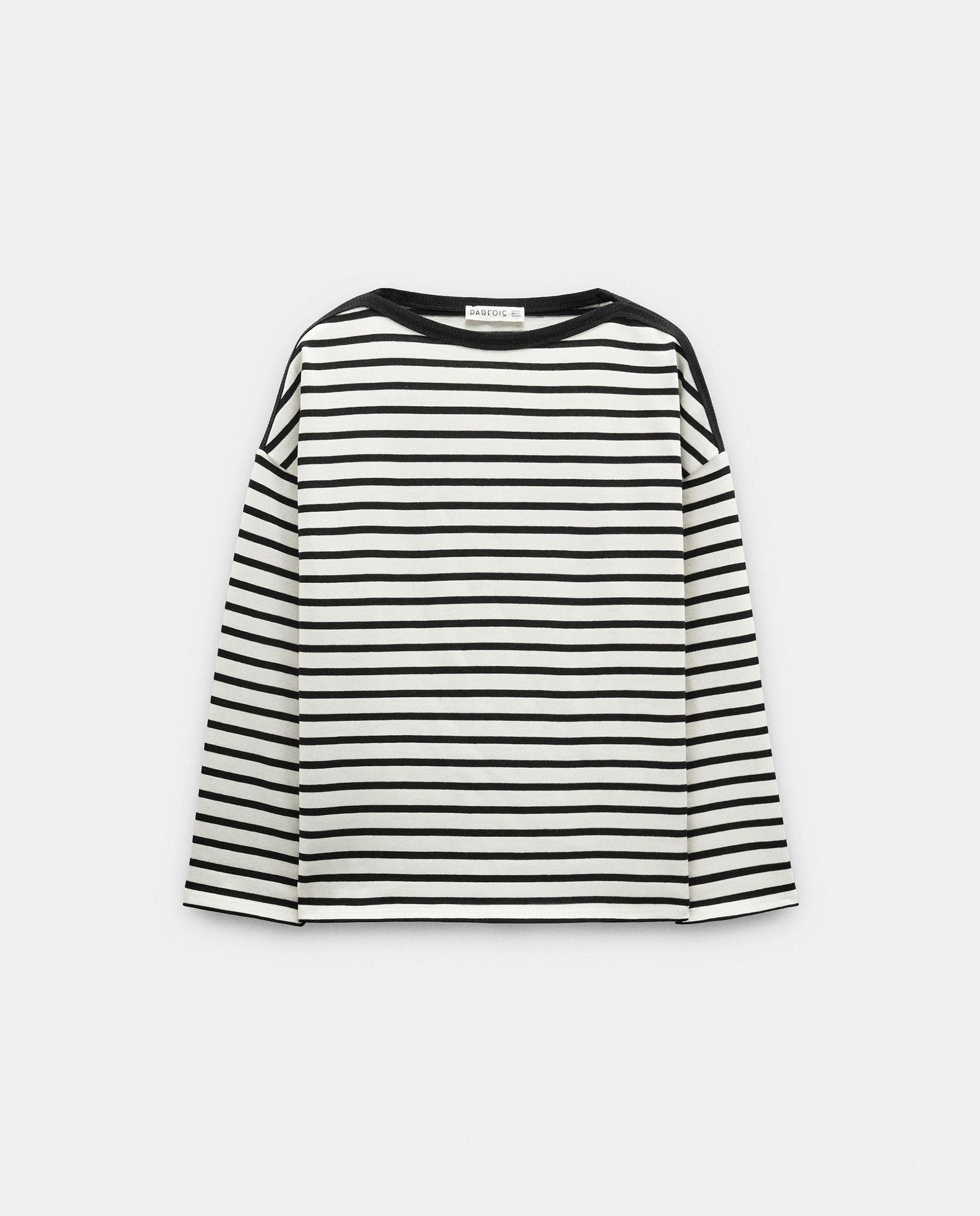 Camiseta de mujer 100% algodón de manga larga con estampado de rayas - Parfois - Negro Negro-6