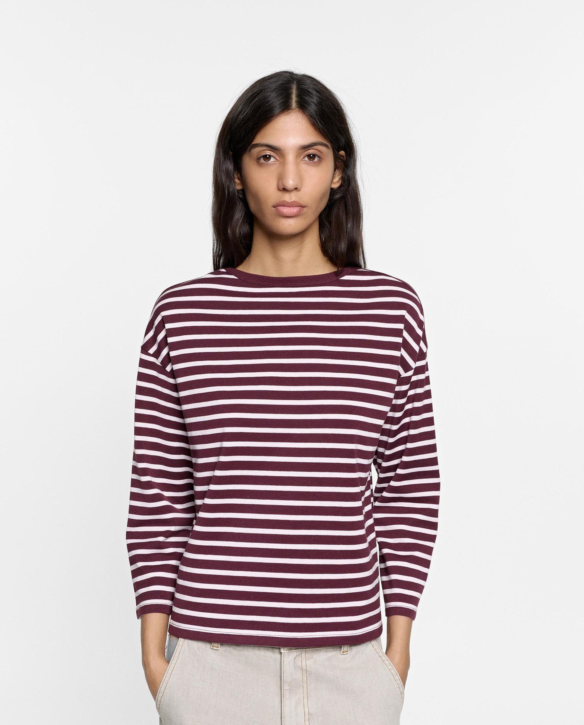 Camiseta de mujer 100% algodón de manga larga con estampado de rayas - Parfois - Marrón oscuro Marrón oscuro-1