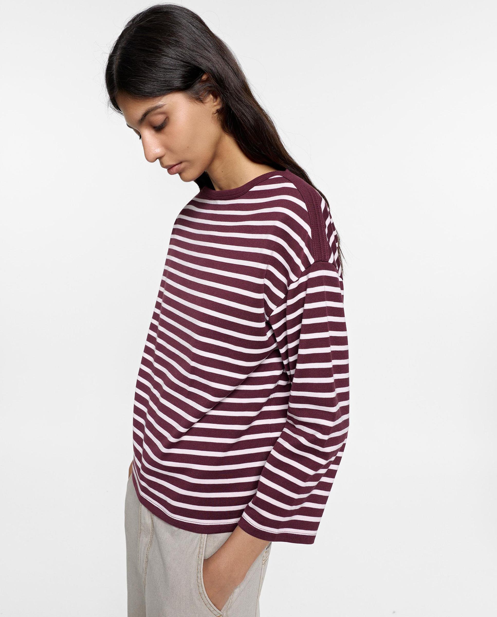 Camiseta de mujer 100% algodón de manga larga con estampado de rayas - Parfois - Marrón oscuro Marrón oscuro-3