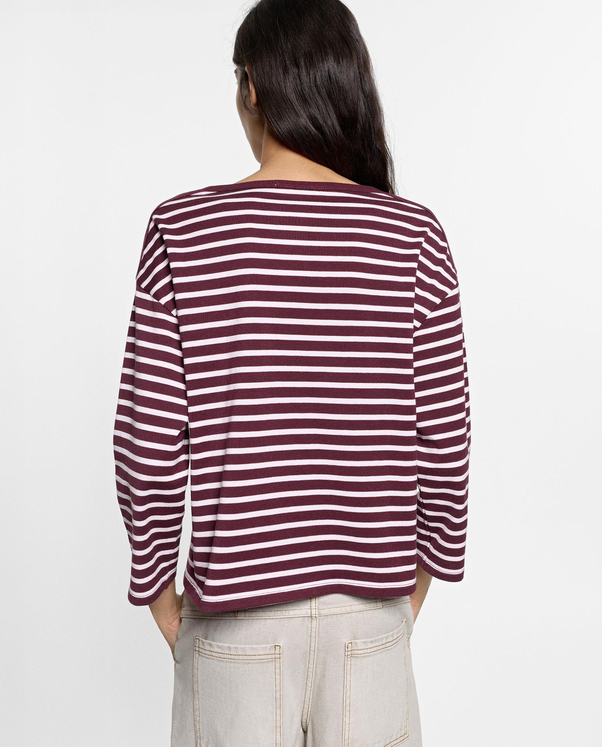 Camiseta de mujer 100% algodón de manga larga con estampado de rayas - Parfois - Marrón oscuro Marrón oscuro-4