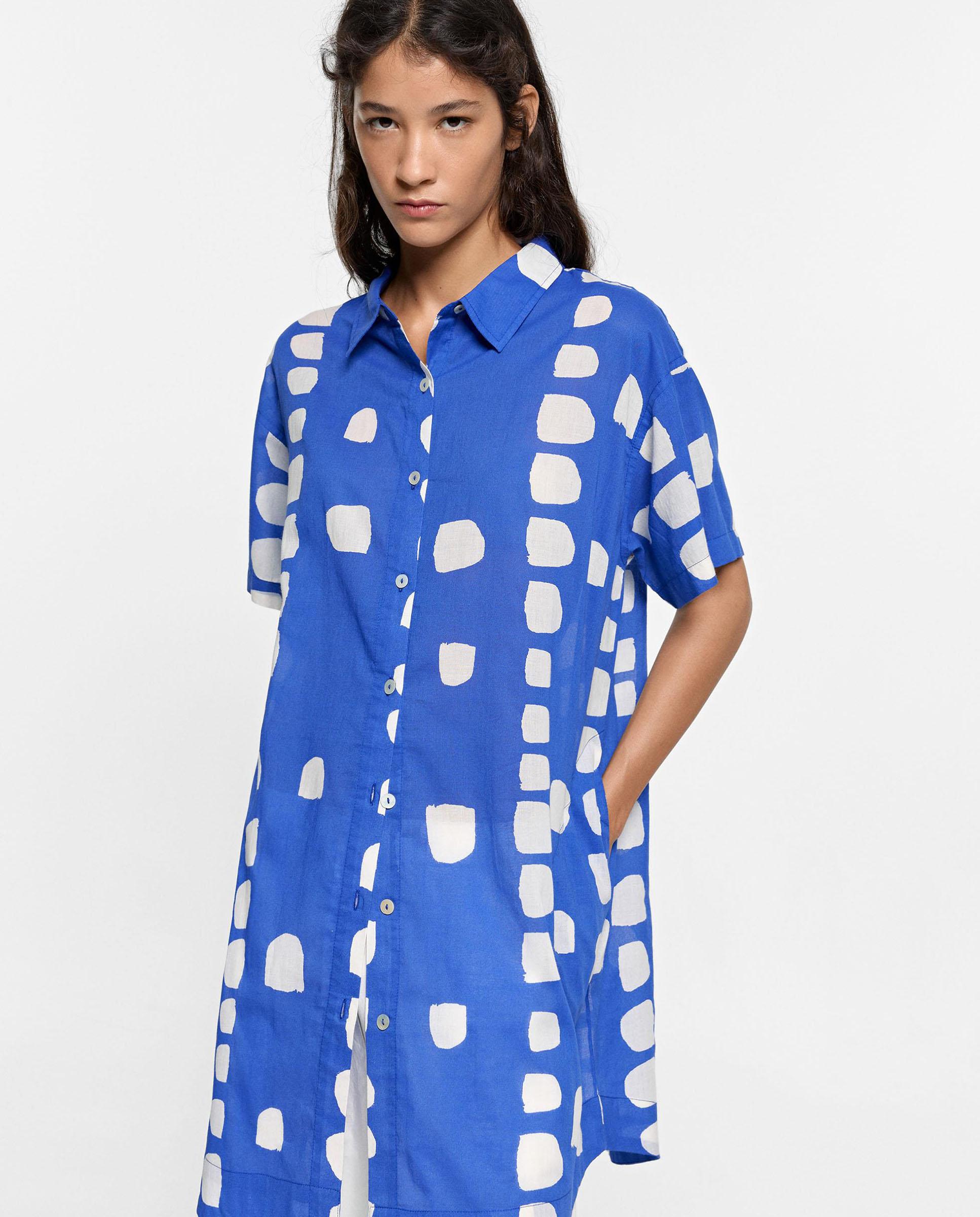 Vestido corto 100% algodón camisero con estampados - Parfois - Azul Azul-1