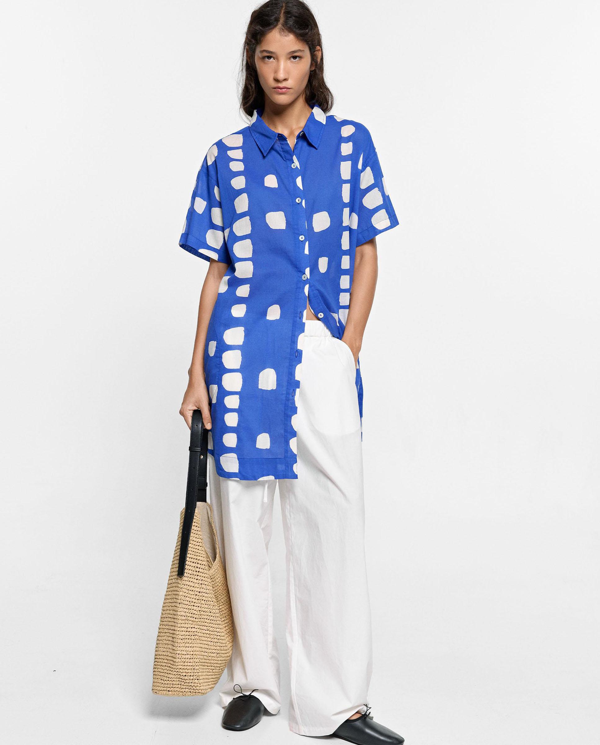 Vestido corto 100% algodón camisero con estampados - Parfois - Azul Azul-2