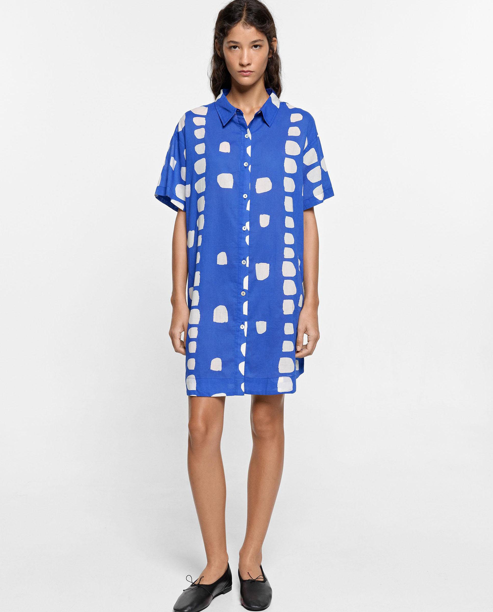 Vestido corto 100% algodón camisero con estampados - Parfois - Azul Azul-4