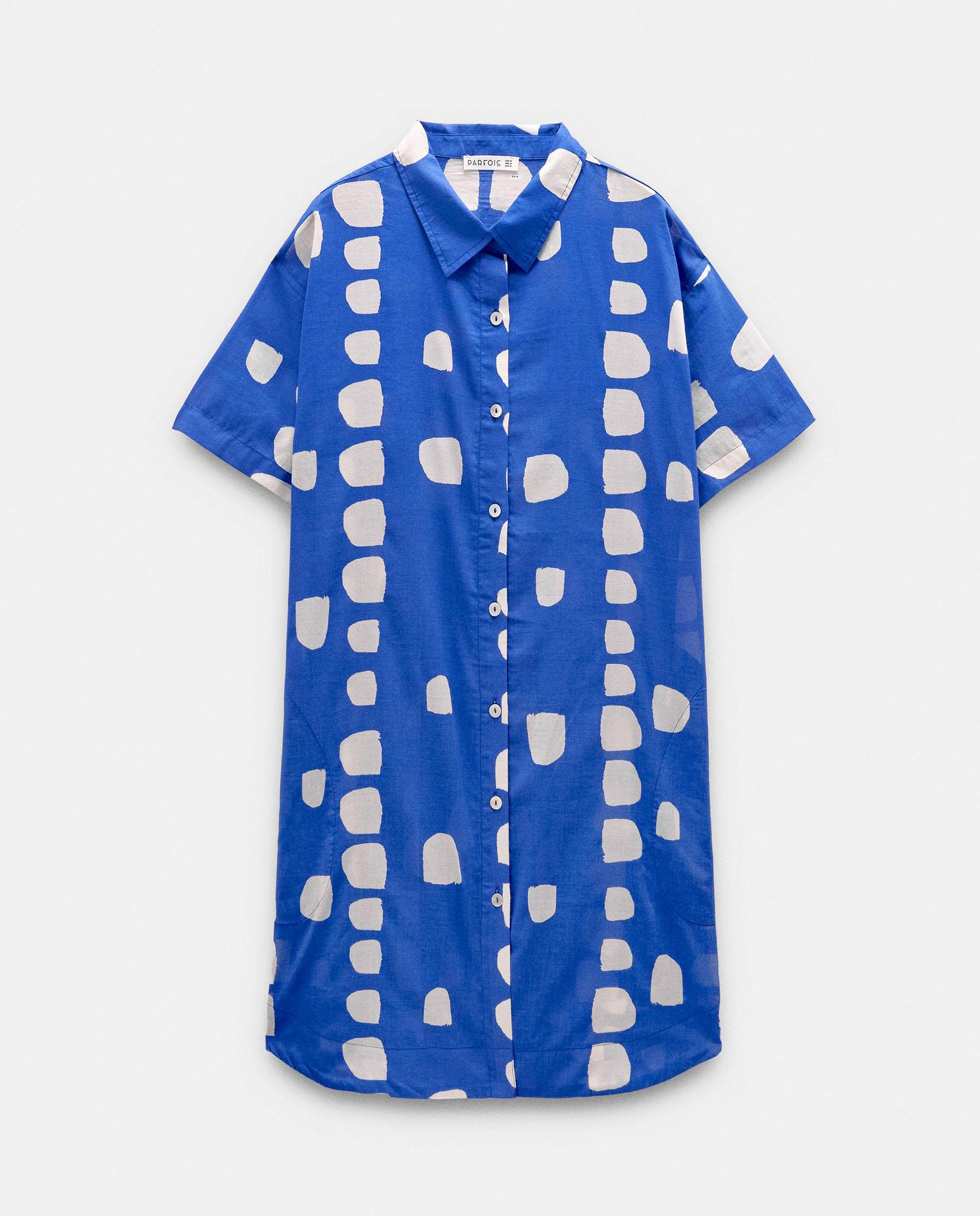 Vestido corto 100% algodón camisero con estampados - Parfois - Azul Azul-6