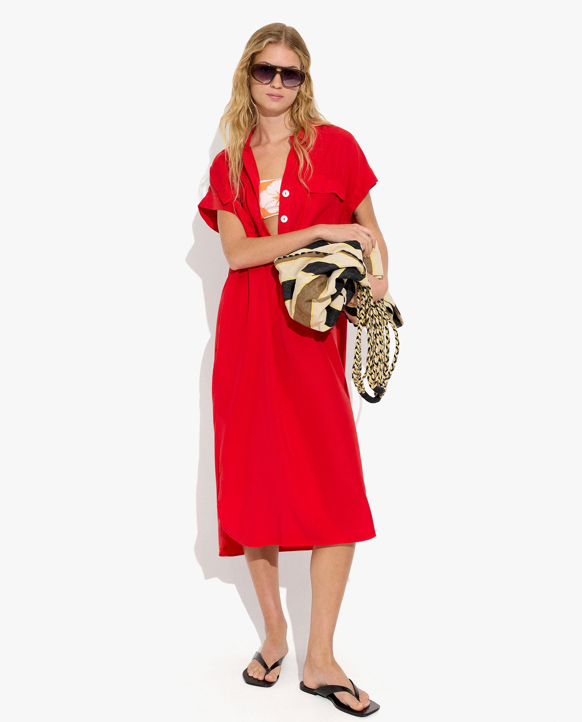 Vestido midi 100% liocel camisero en liso - Parfois - Rojo Rojo-1