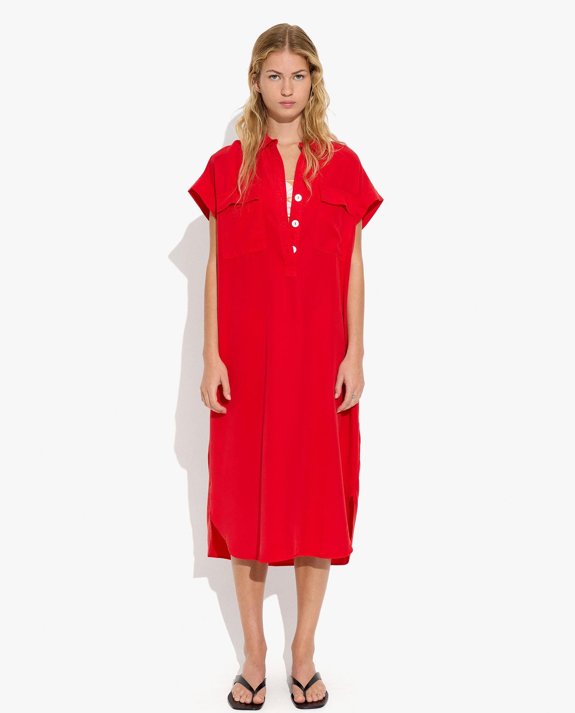 Vestido midi 100% liocel camisero en liso - Parfois - Rojo Rojo-2