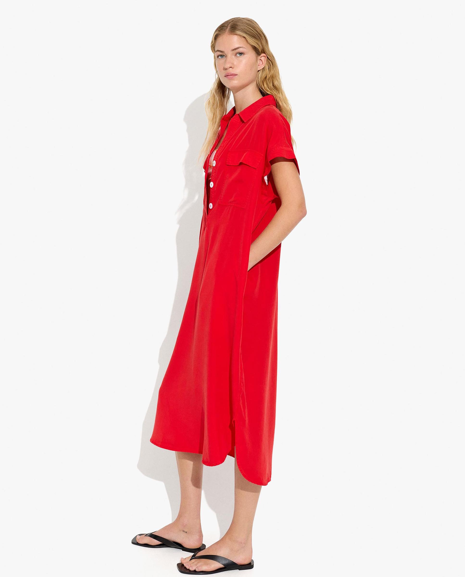 Vestido midi 100% liocel camisero en liso - Parfois - Rojo Rojo-3