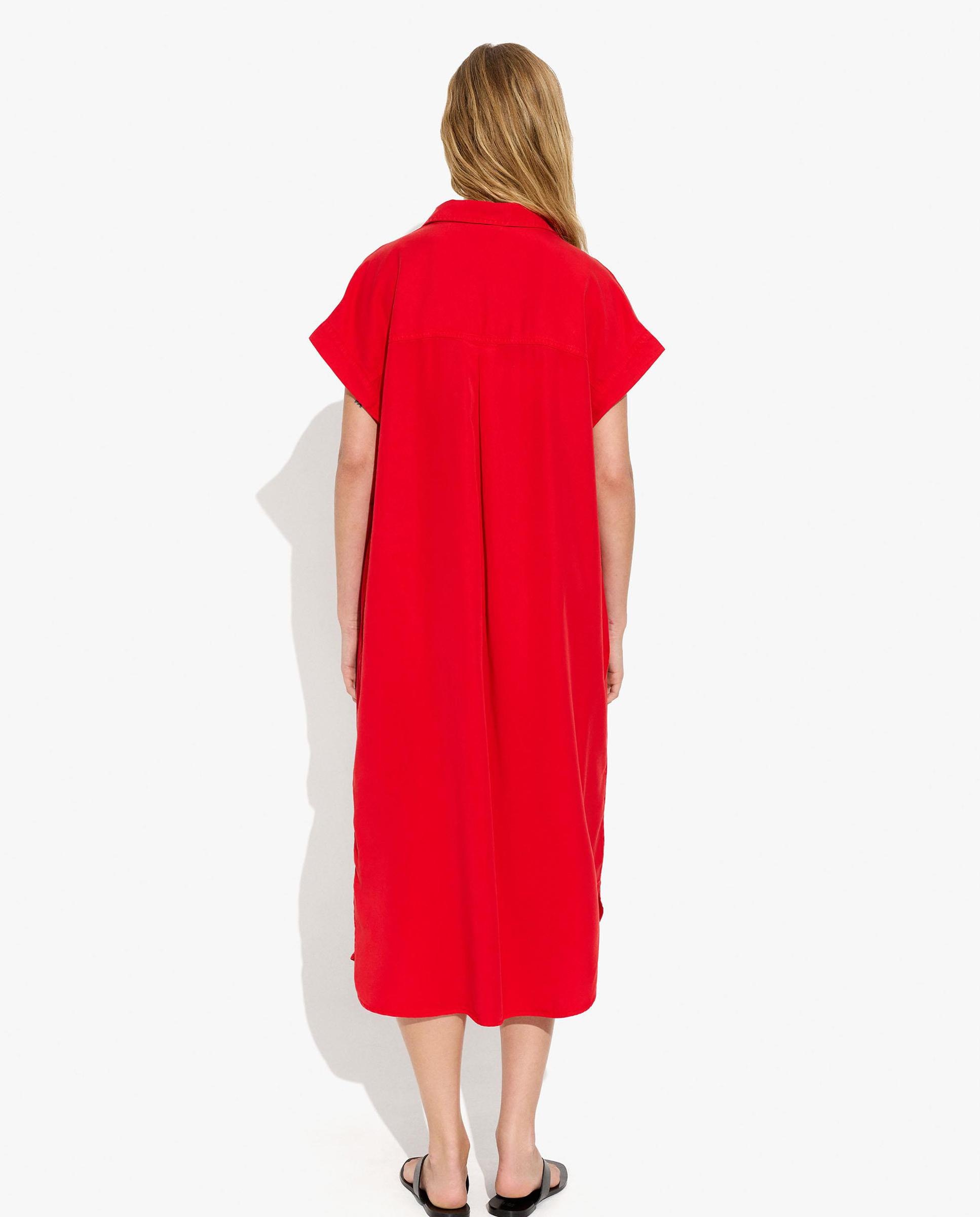 Vestido midi 100% liocel camisero en liso - Parfois - Rojo Rojo-4