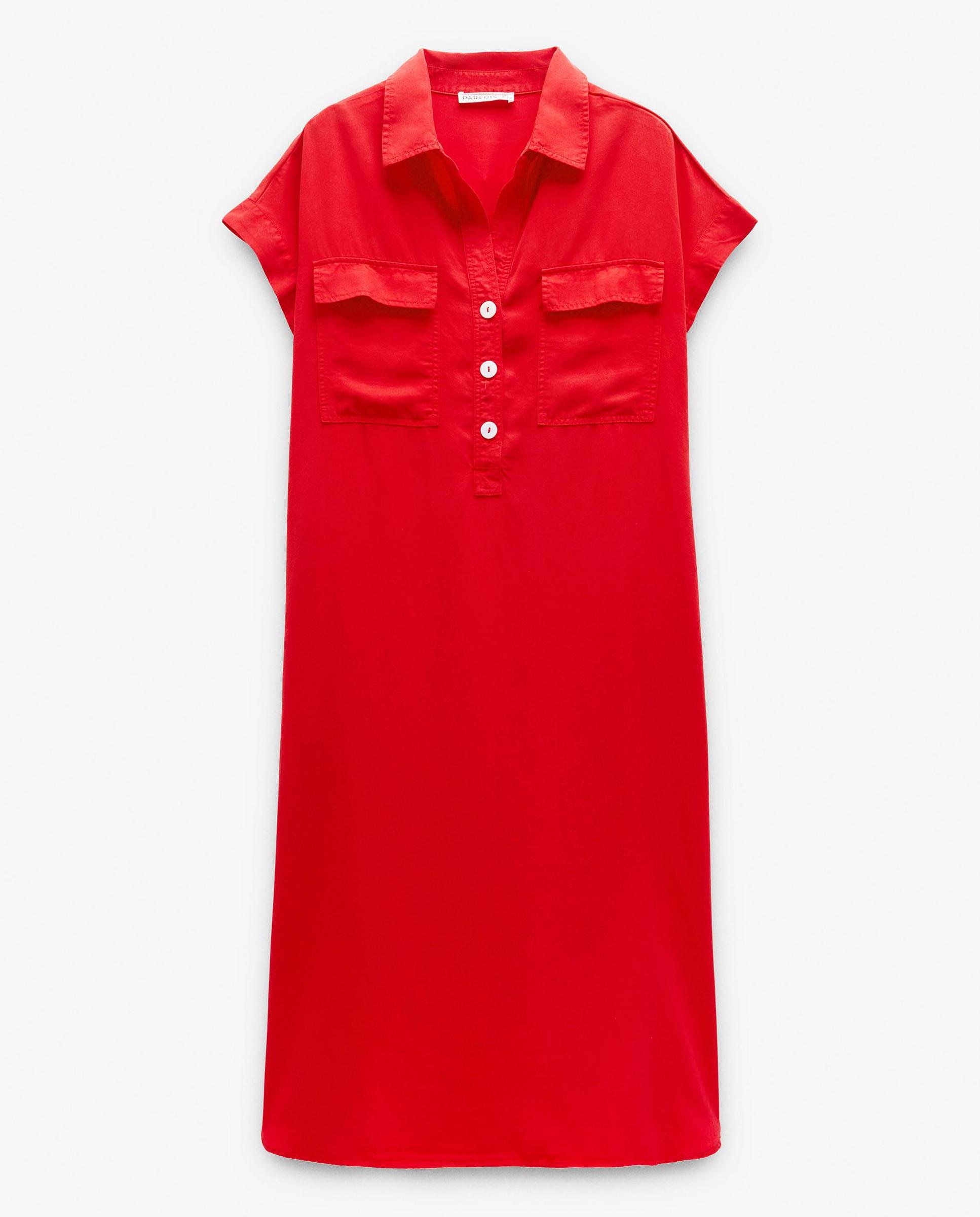 Vestido midi 100% liocel camisero en liso - Parfois - Rojo Rojo-6